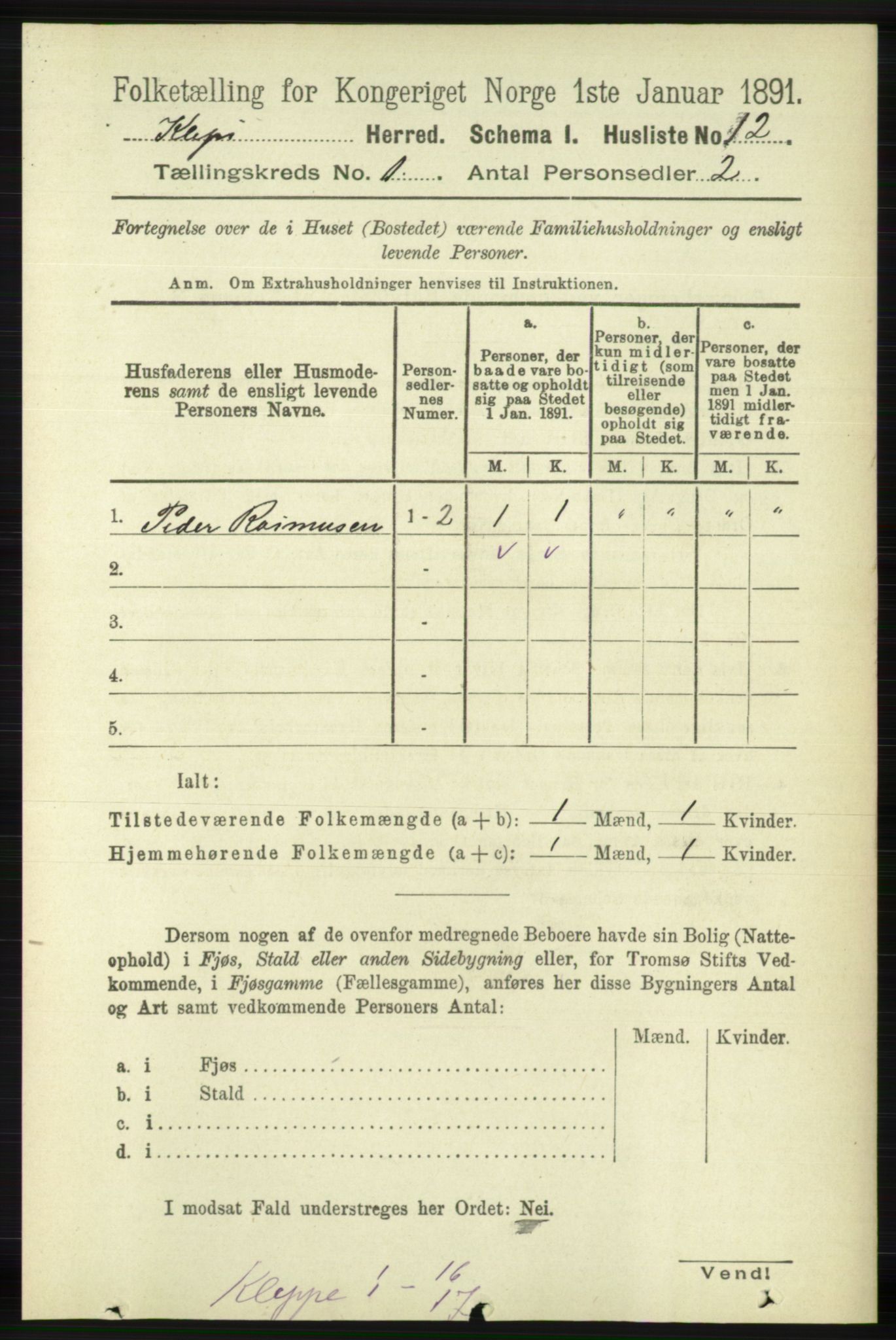 RA, 1891 census for 1120 Klepp, 1891, p. 39