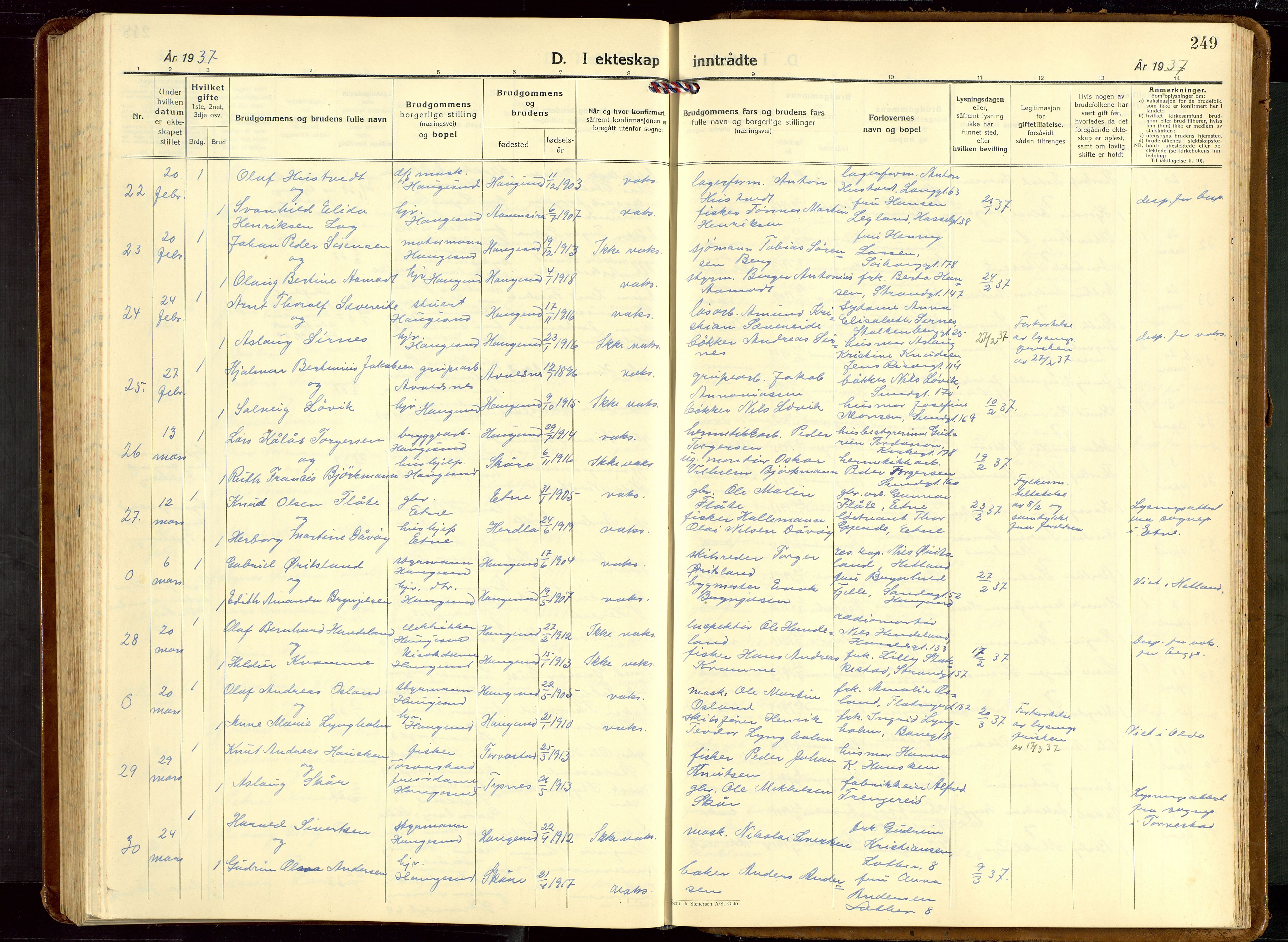 Haugesund sokneprestkontor, AV/SAST-A -101863/H/Ha/Hab/L0013: Parish register (copy) no. B 13, 1931-1943, p. 249