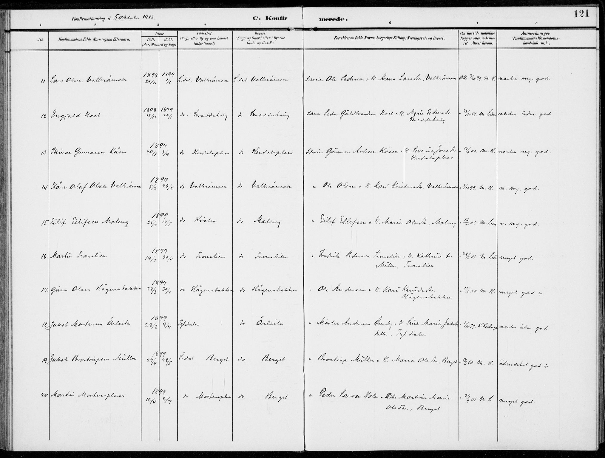 Alvdal prestekontor, AV/SAH-PREST-060/H/Ha/Haa/L0004: Parish register (official) no. 4, 1907-1919, p. 121