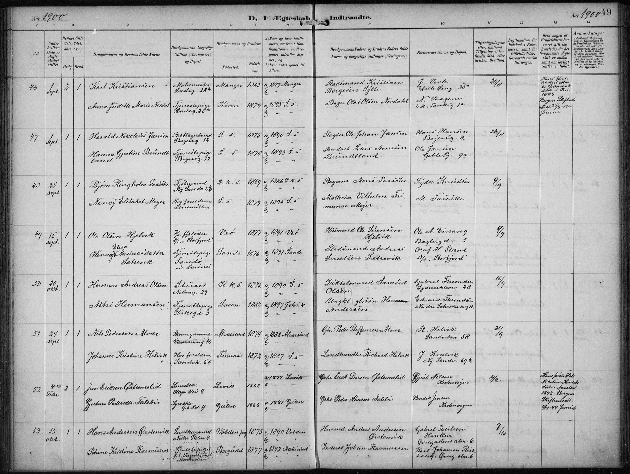 Sandviken Sokneprestembete, SAB/A-77601/H/Ha/L0014: Parish register (official) no. D 1, 1896-1911, p. 49
