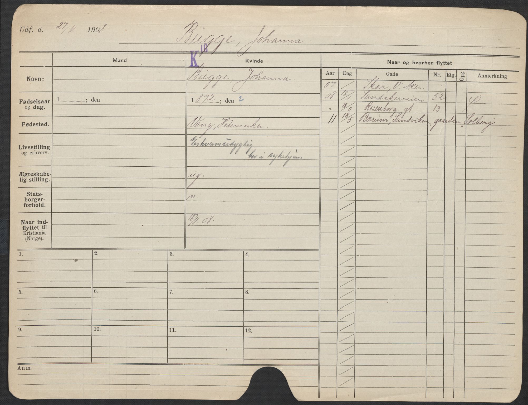 Oslo folkeregister, Registerkort, AV/SAO-A-11715/F/Fa/Fac/L0013: Kvinner, 1906-1914, p. 954a