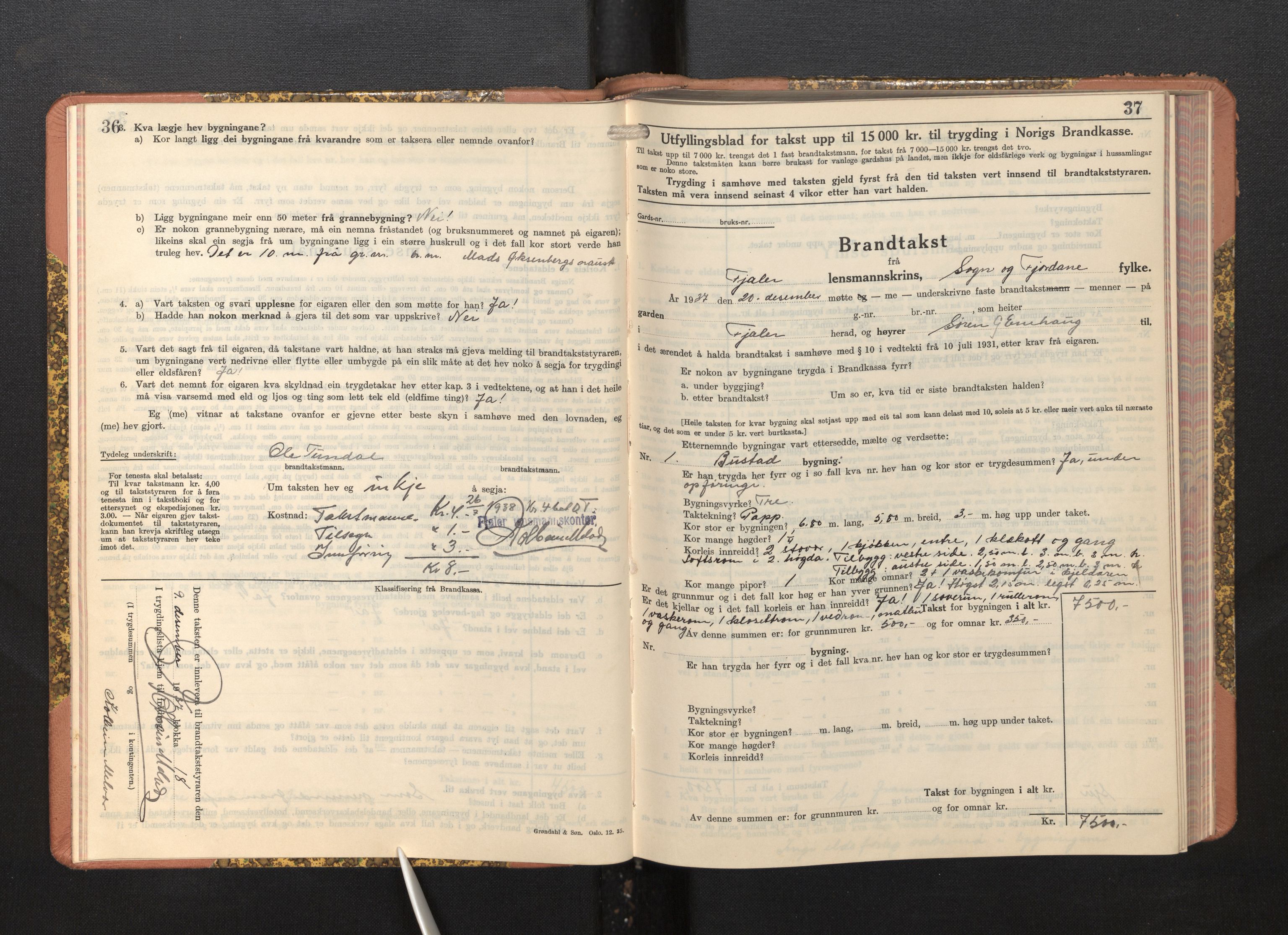 Lensmannen i Fjaler, AV/SAB-A-27201/0012/L0007: Branntakstprotokoll, skjematakst, 1937-1950, p. 36-37