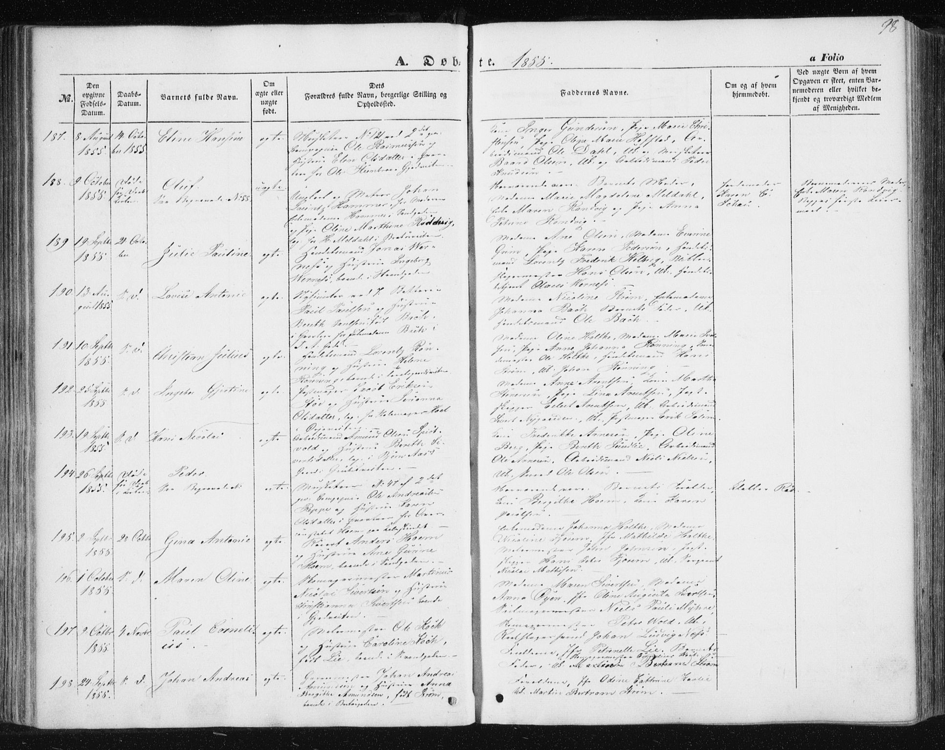 Ministerialprotokoller, klokkerbøker og fødselsregistre - Sør-Trøndelag, AV/SAT-A-1456/602/L0112: Parish register (official) no. 602A10, 1848-1859, p. 98