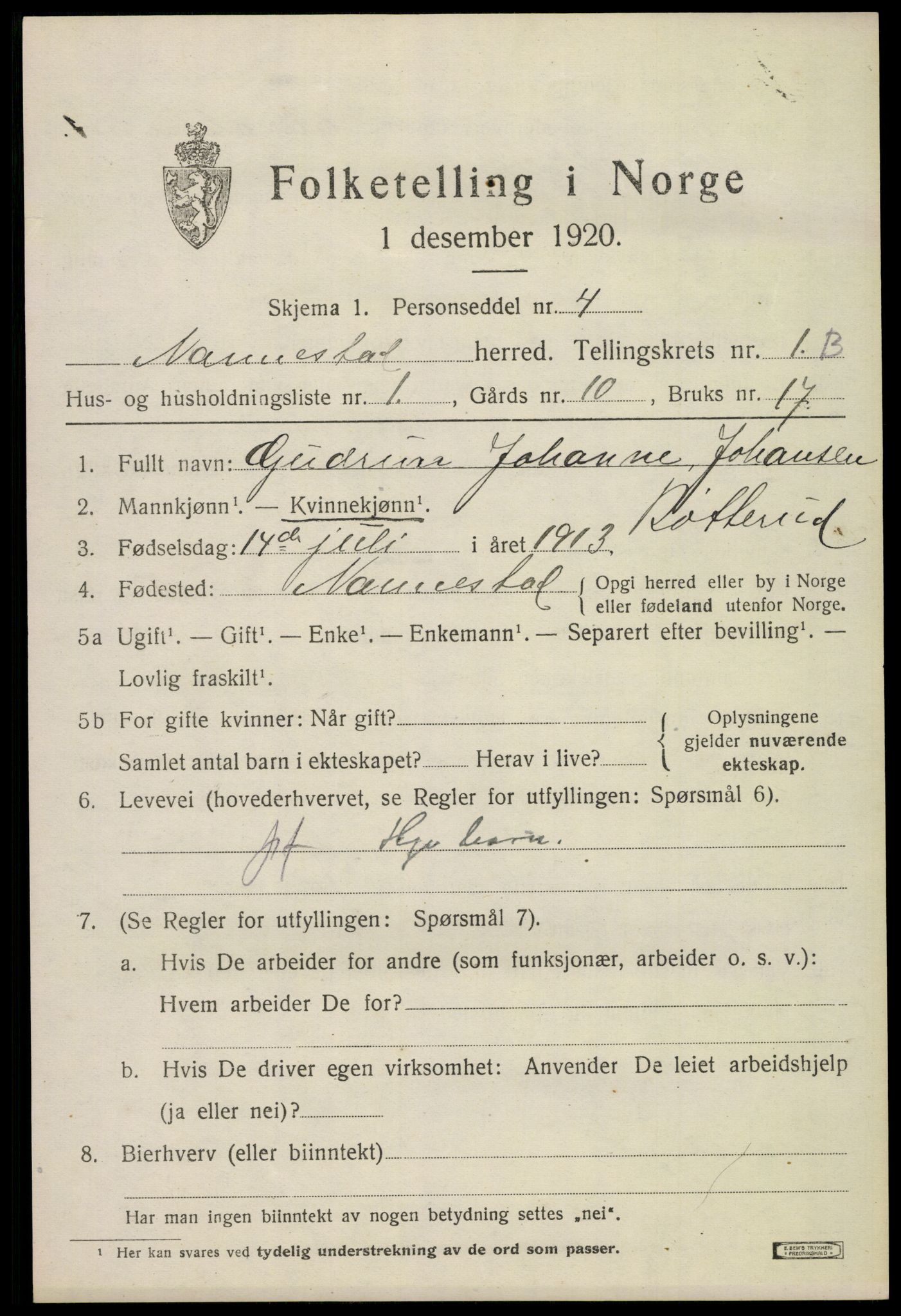 SAO, 1920 census for Nannestad, 1920, p. 1919