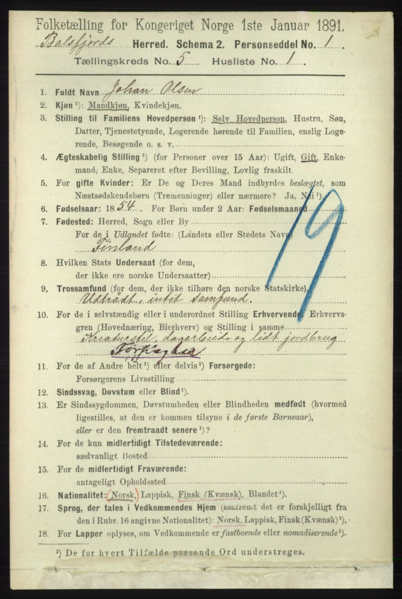 RA, 1891 census for 1933 Balsfjord, 1891, p. 1429