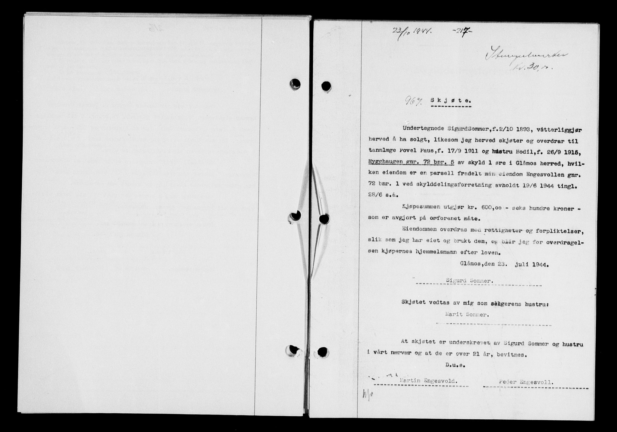 Gauldal sorenskriveri, SAT/A-0014/1/2/2C/L0058: Mortgage book no. 63, 1944-1945, Diary no: : 967/1944