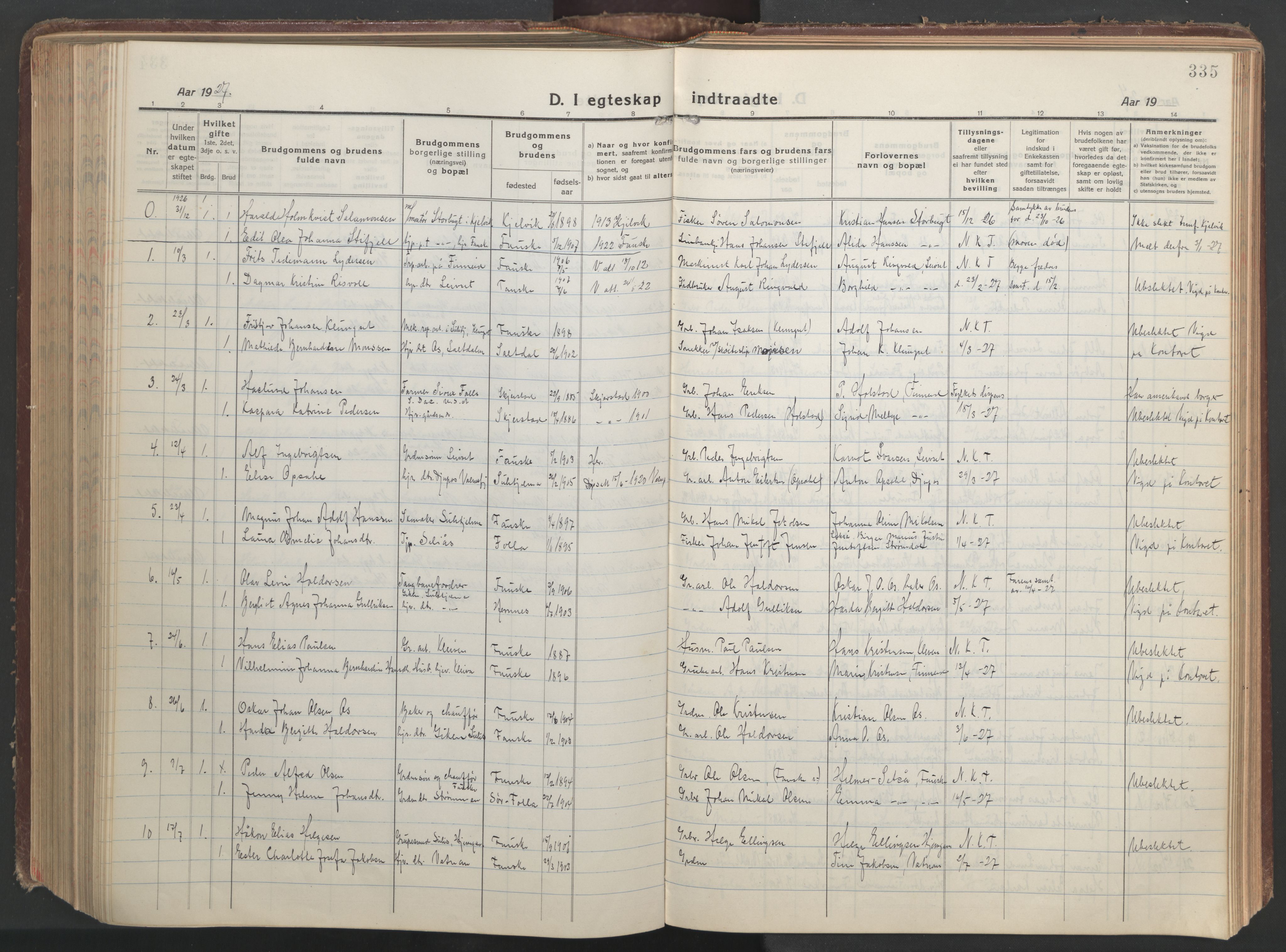 Ministerialprotokoller, klokkerbøker og fødselsregistre - Nordland, AV/SAT-A-1459/849/L0700: Parish register (copy) no. 849C01, 1919-1946, p. 335