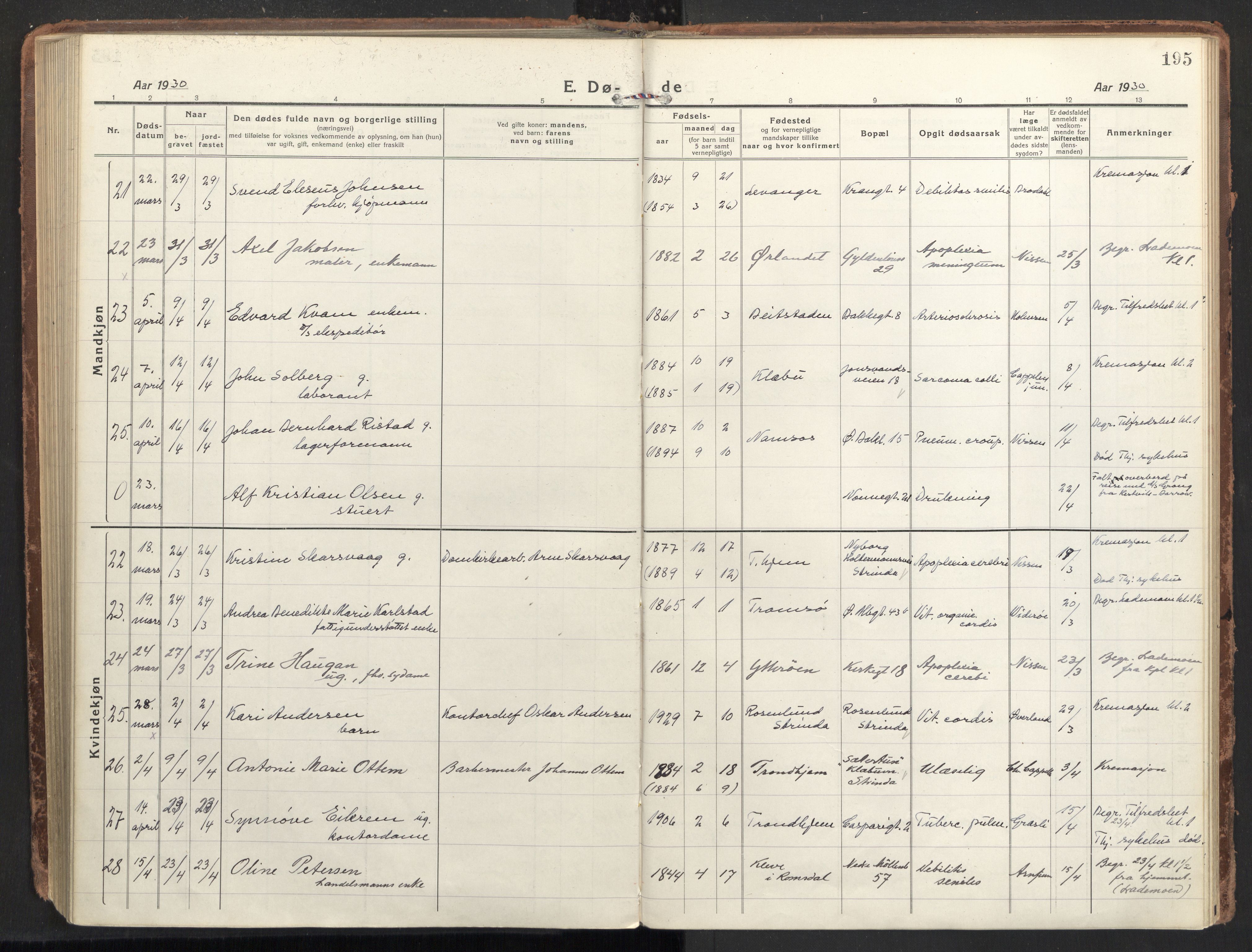 Ministerialprotokoller, klokkerbøker og fødselsregistre - Sør-Trøndelag, AV/SAT-A-1456/604/L0207: Parish register (official) no. 604A27, 1917-1933, p. 195