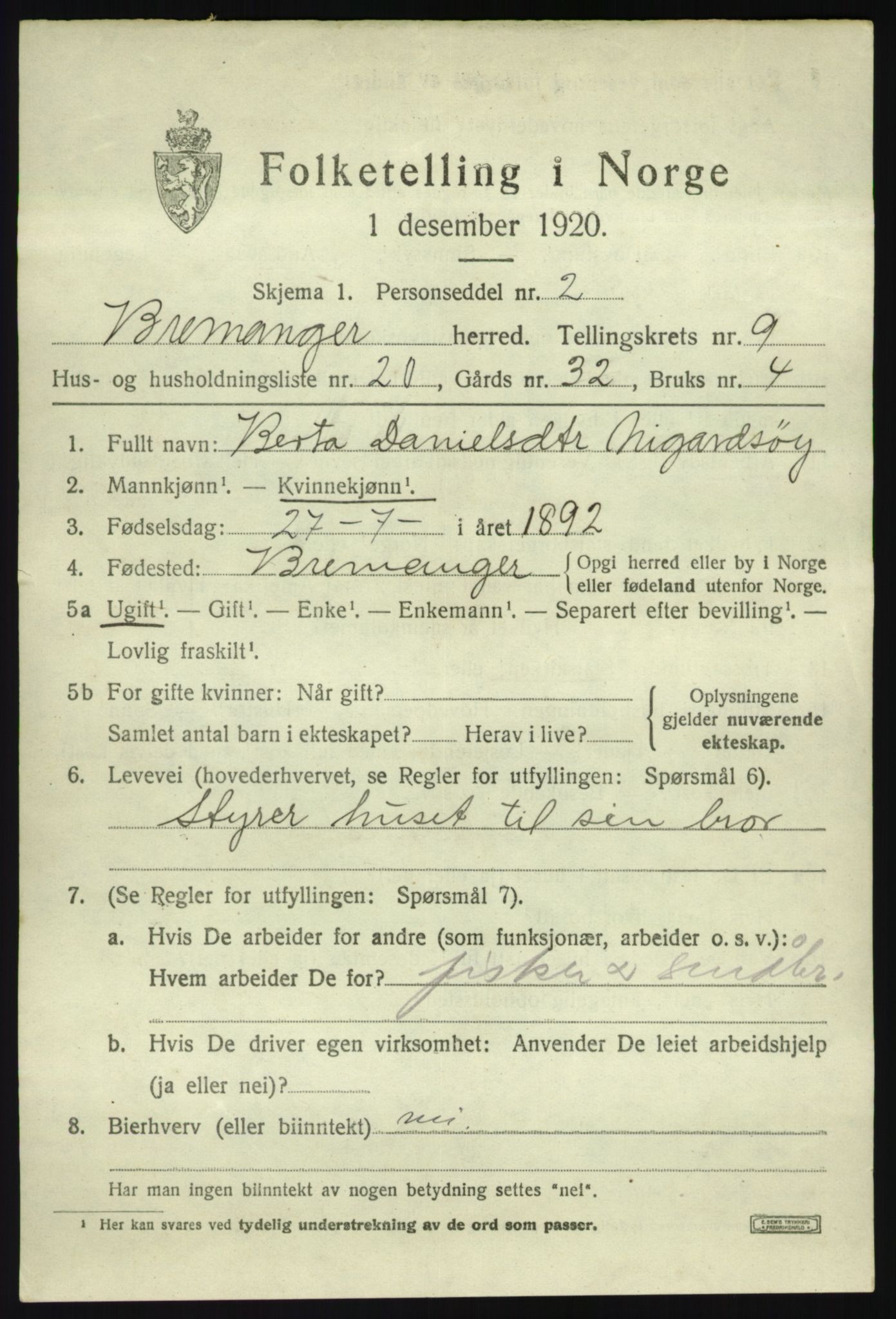 SAB, 1920 census for Bremanger, 1920, p. 5416