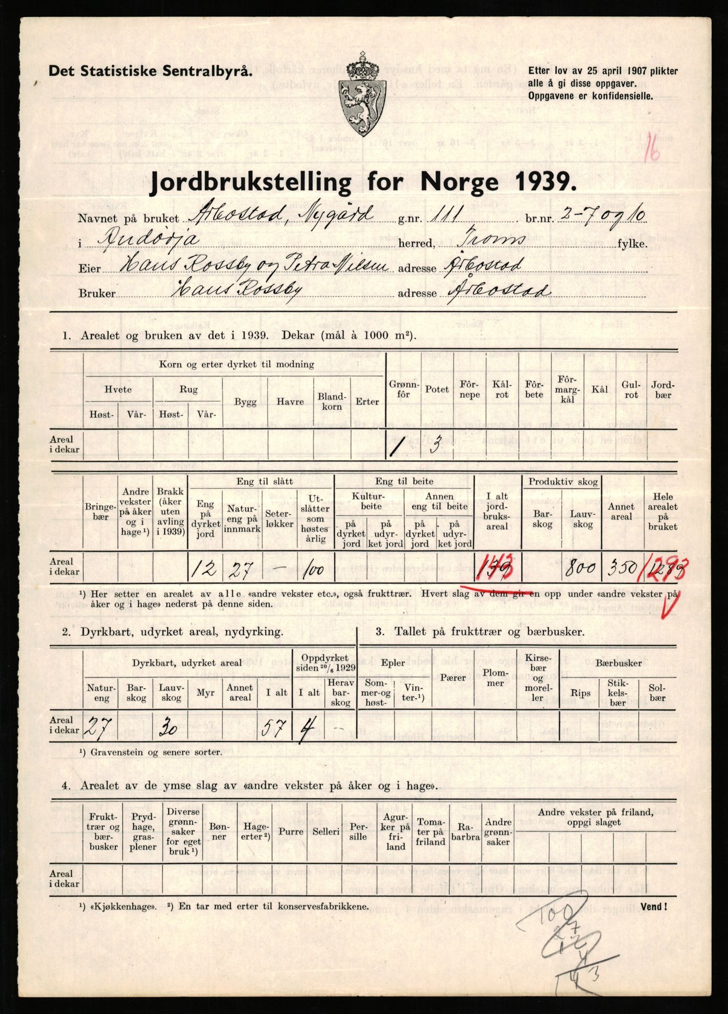 Statistisk sentralbyrå, Næringsøkonomiske emner, Jordbruk, skogbruk, jakt, fiske og fangst, AV/RA-S-2234/G/Gb/L0339: Troms: Andørja, Astafjord og Lavangen, 1939, p. 832