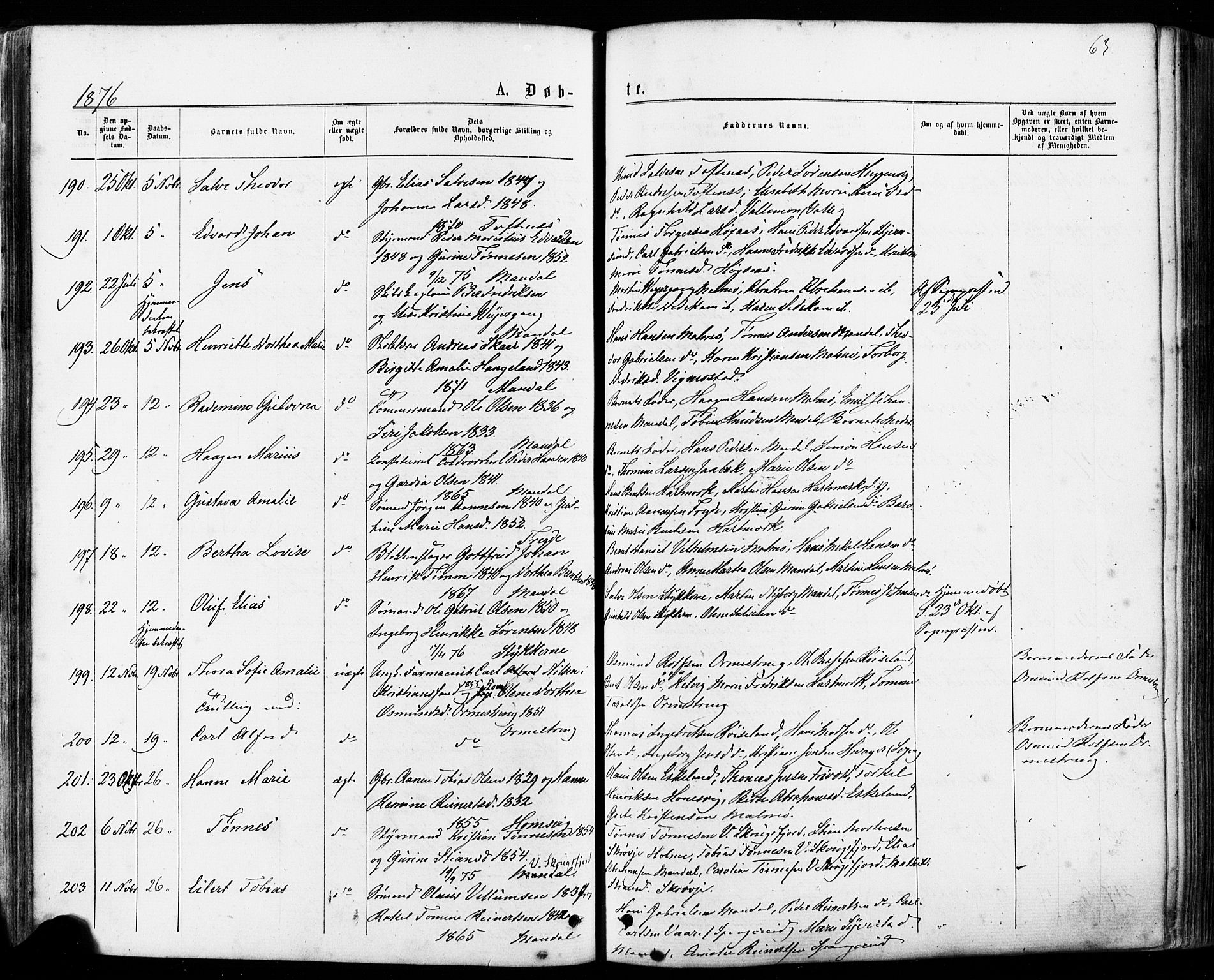 Mandal sokneprestkontor, AV/SAK-1111-0030/F/Fa/Faa/L0015: Parish register (official) no. A 15, 1873-1879, p. 63