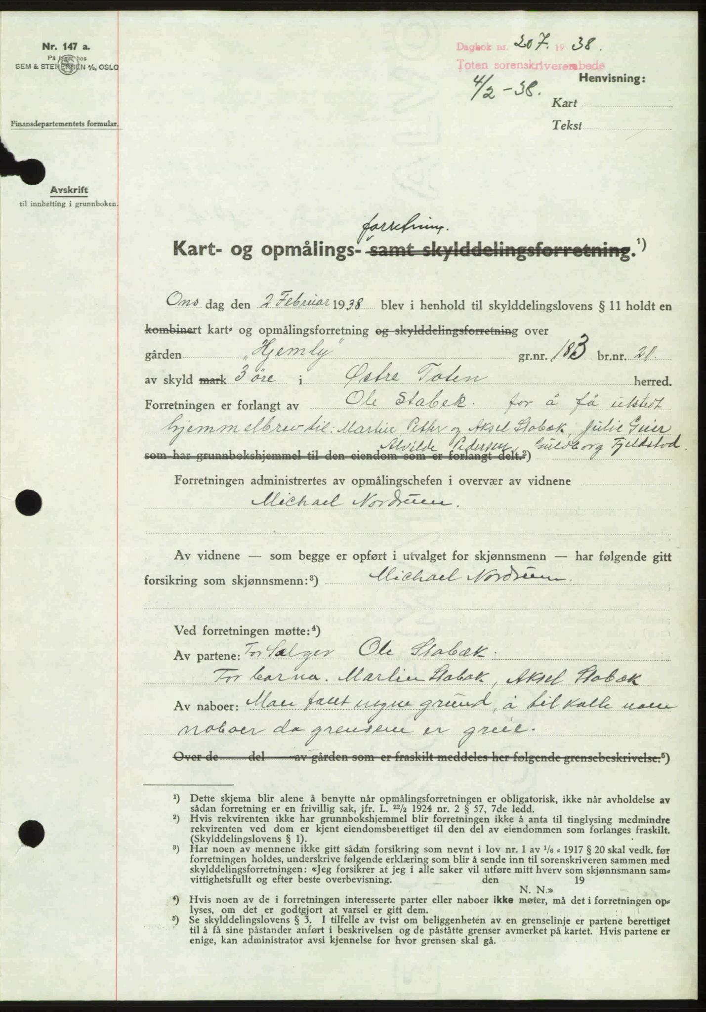 Toten tingrett, SAH/TING-006/H/Hb/Hbc/L0003: Mortgage book no. Hbc-03, 1937-1938, Diary no: : 207/1938