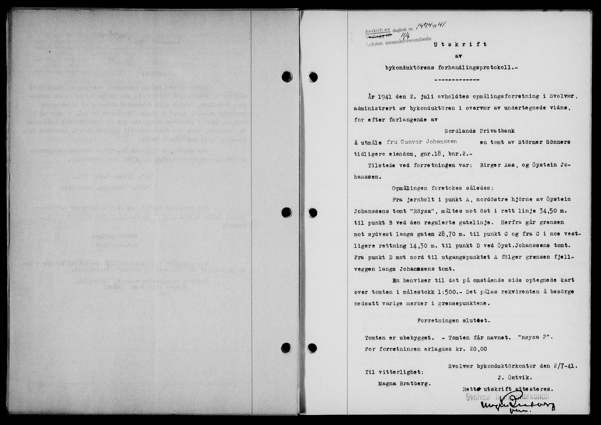 Lofoten sorenskriveri, SAT/A-0017/1/2/2C/L0008a: Mortgage book no. 8a, 1940-1941, Diary no: : 1474/1941