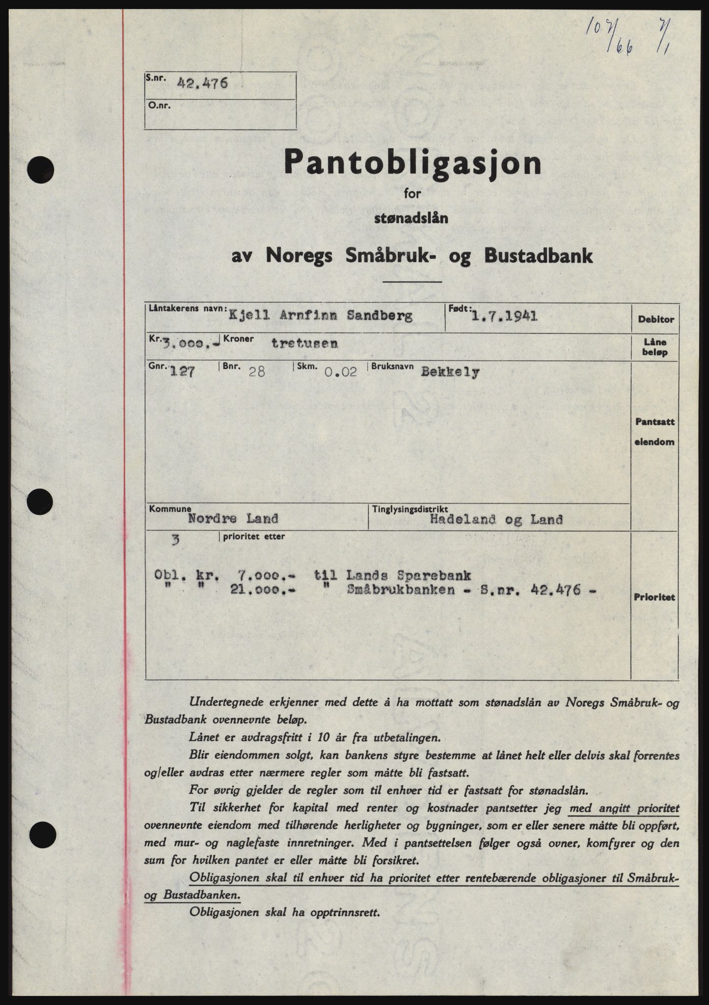 Hadeland og Land tingrett, SAH/TING-010/H/Hb/Hbc/L0061: Mortgage book no. B61, 1965-1966, Diary no: : 107/1966