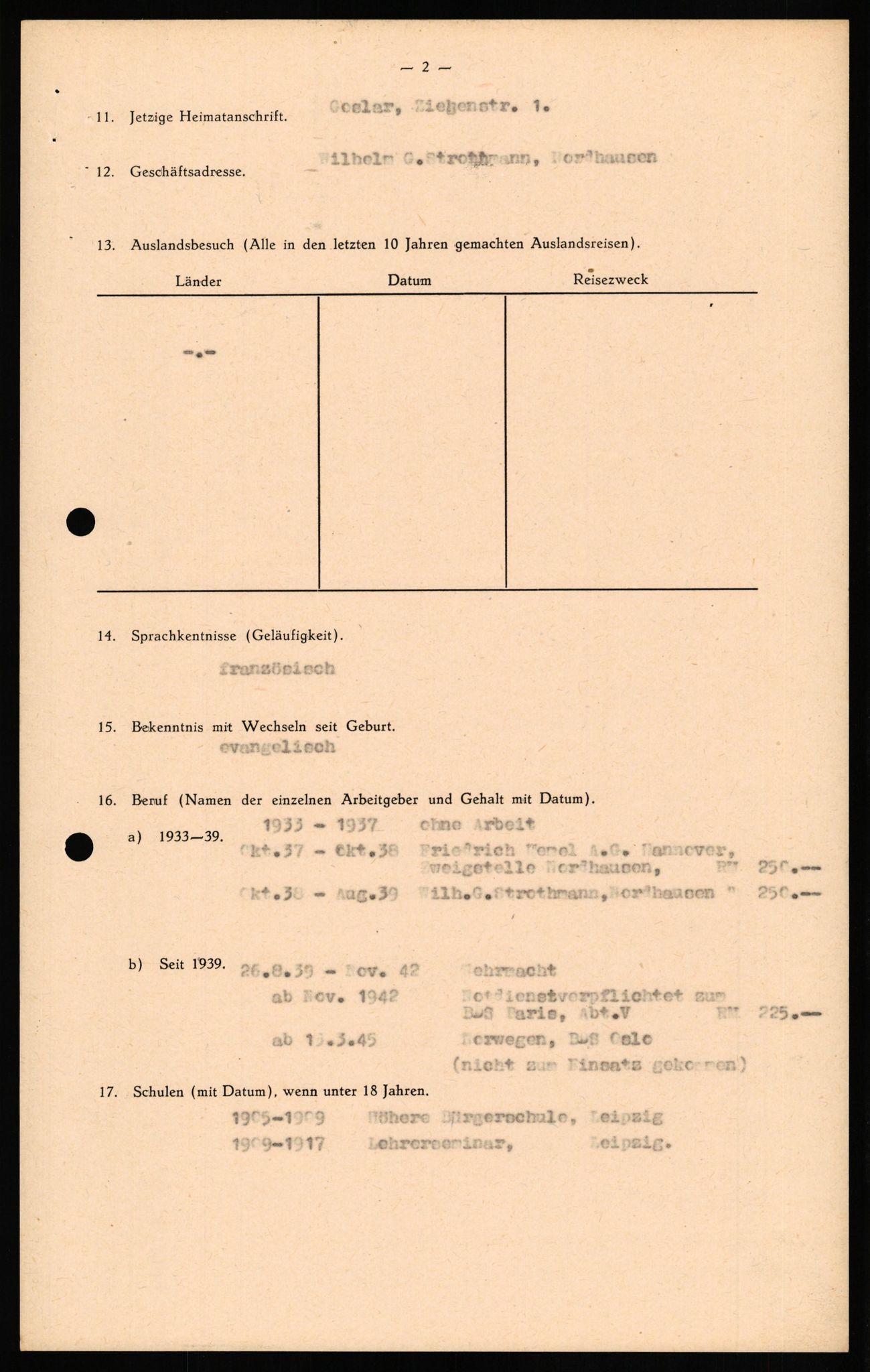 Forsvaret, Forsvarets overkommando II, RA/RAFA-3915/D/Db/L0023: CI Questionaires. Tyske okkupasjonsstyrker i Norge. Tyskere., 1945-1946, p. 3
