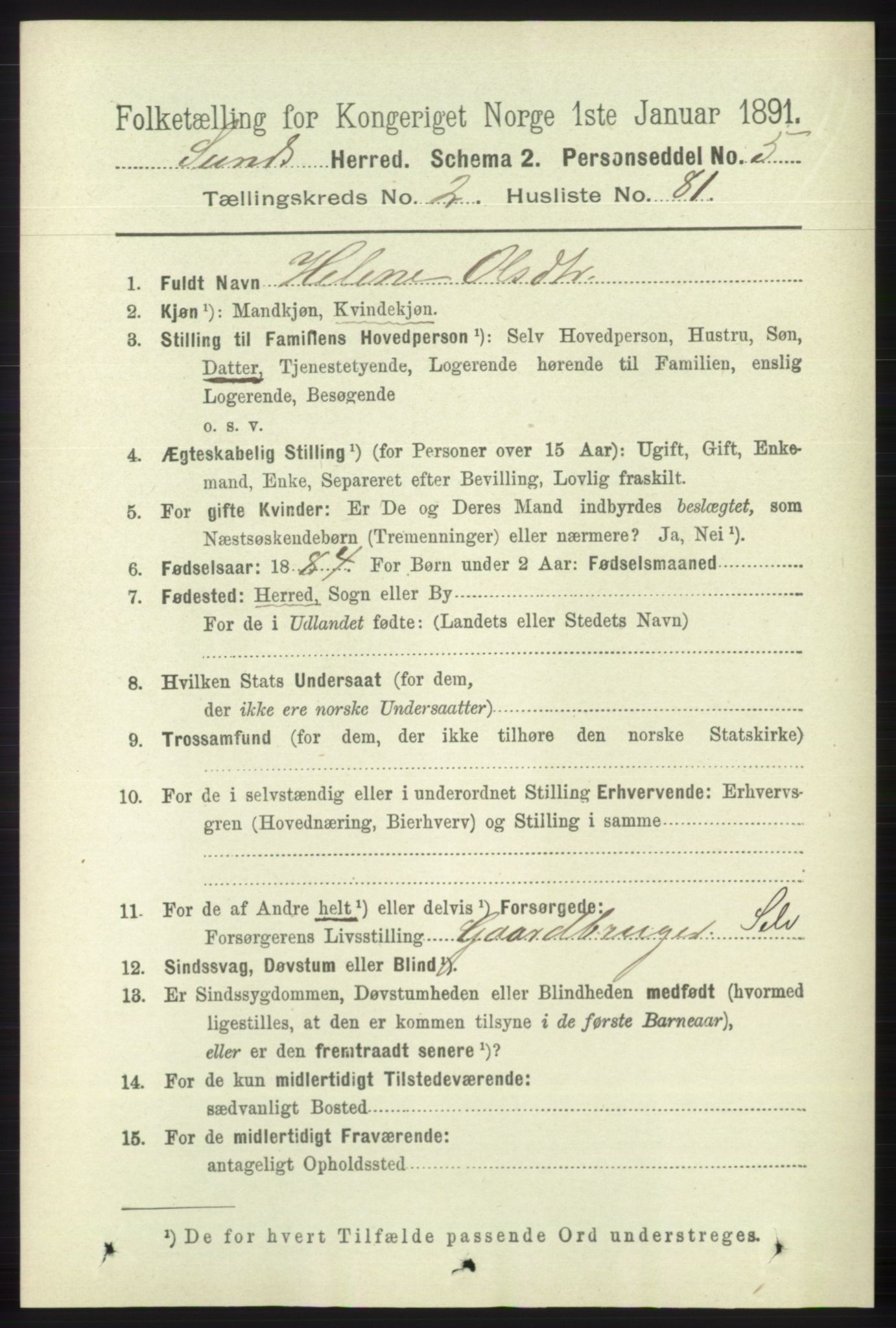 RA, 1891 census for 1245 Sund, 1891, p. 1113