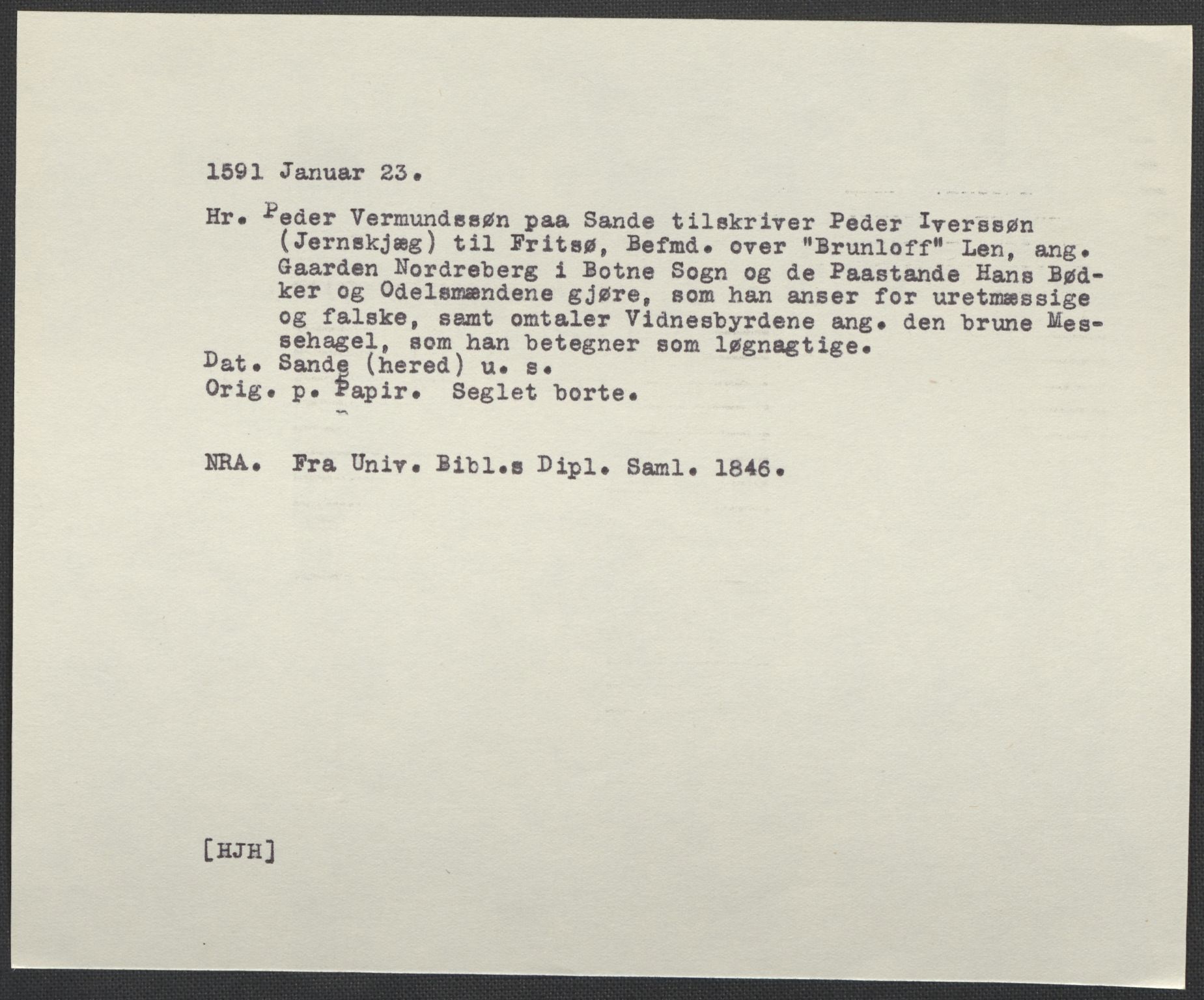 Riksarkivets diplomsamling, AV/RA-EA-5965/F02/L0093: Dokumenter, 1591, p. 21