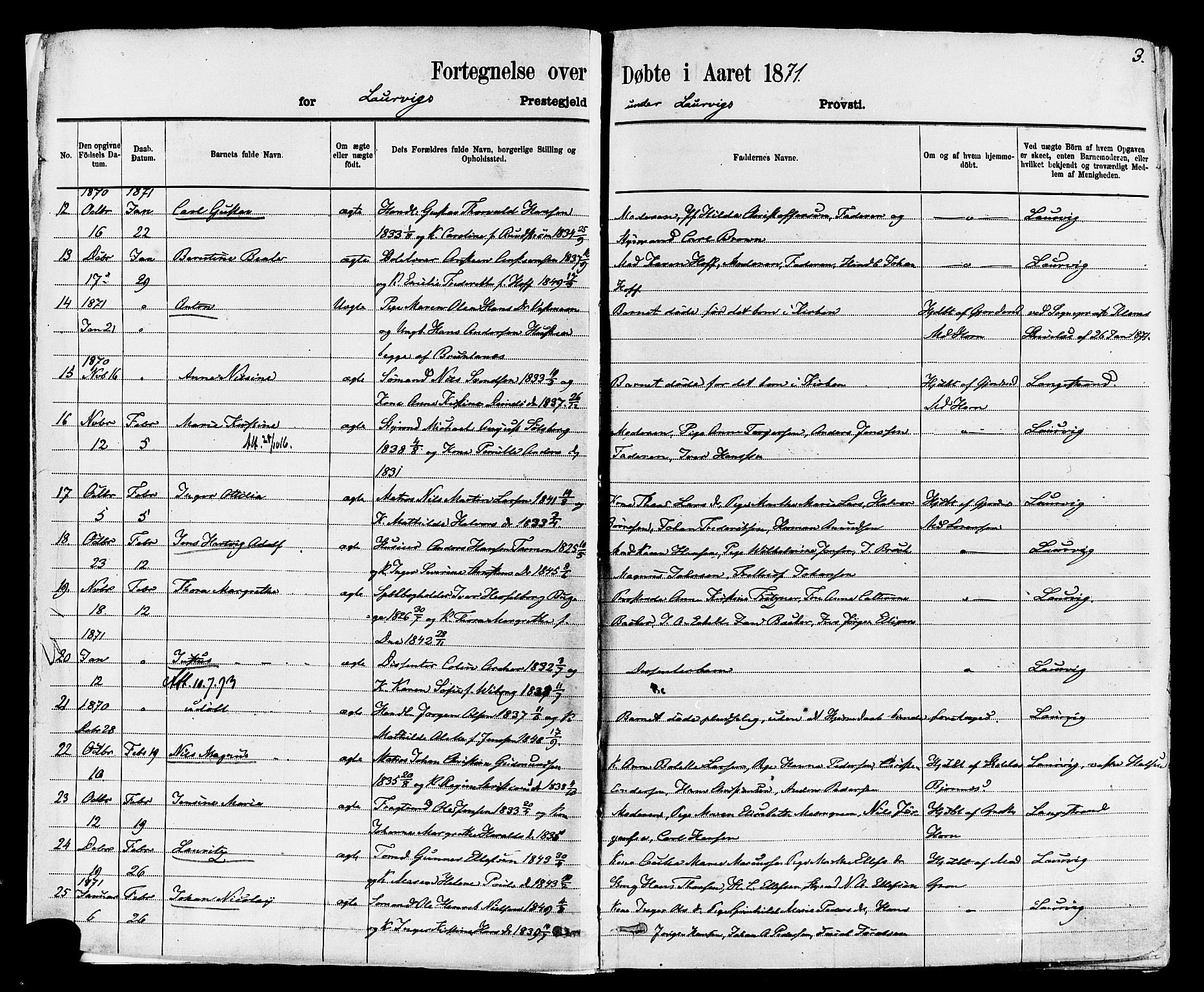 Larvik kirkebøker, AV/SAKO-A-352/F/Fa/L0006: Parish register (official) no. I 6, 1871-1883, p. 3