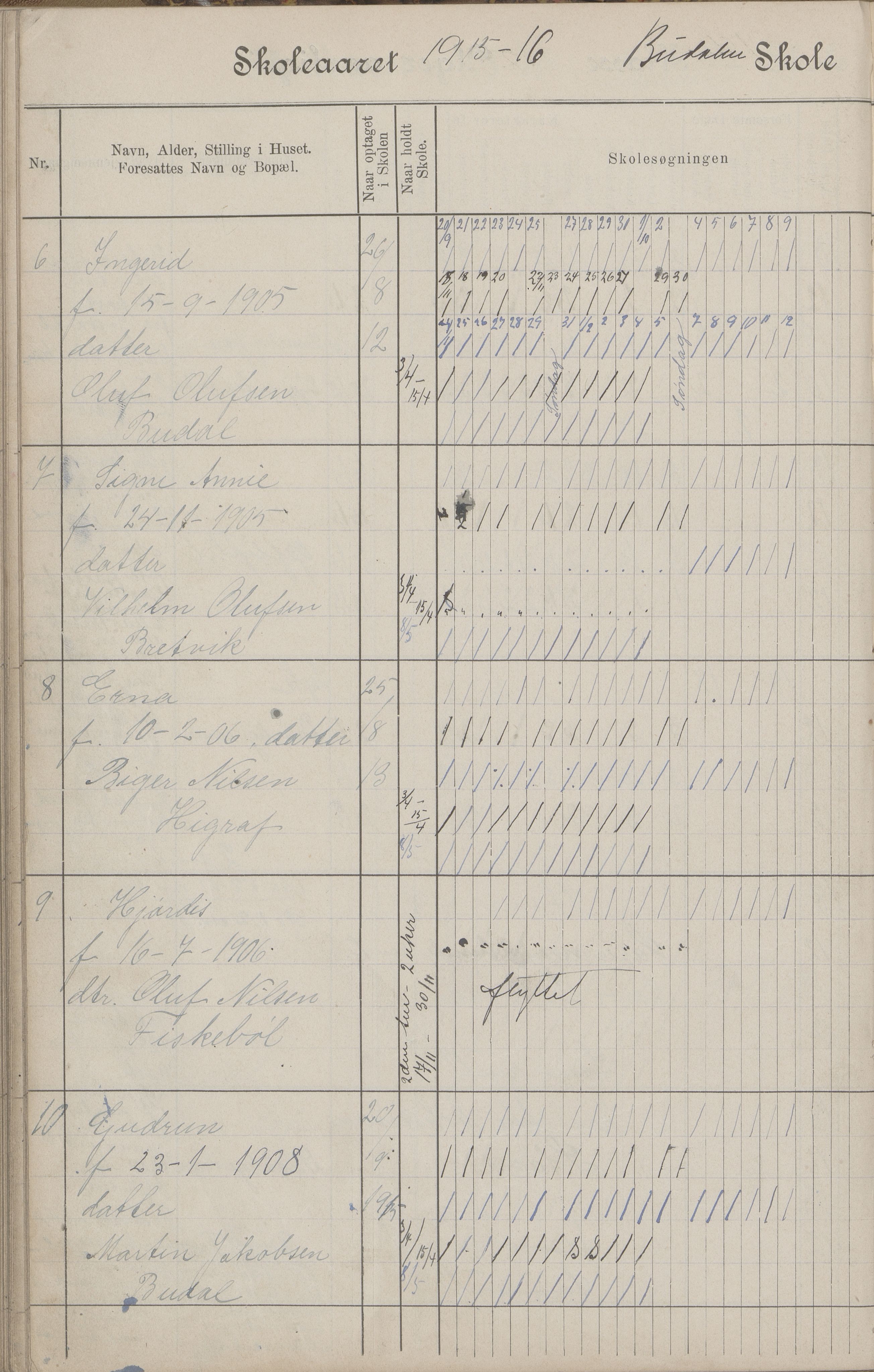 Hadsel kommune. Budal skolekrets, AIN/K-18660.510.19/G/L0001: Skoleprotokoll Budal skole, 1902-1917