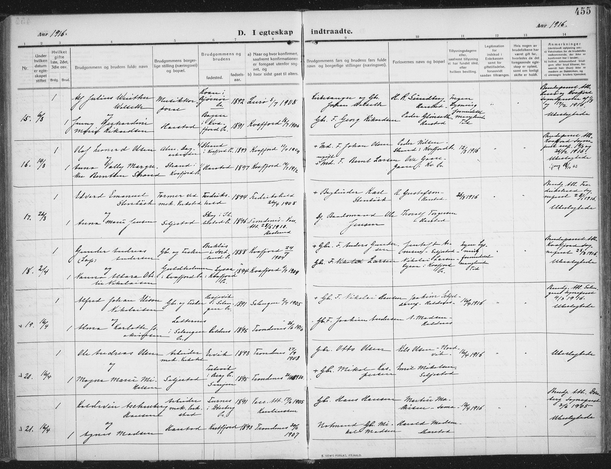 Trondenes sokneprestkontor, AV/SATØ-S-1319/H/Ha/L0018kirke: Parish register (official) no. 18, 1909-1918, p. 455