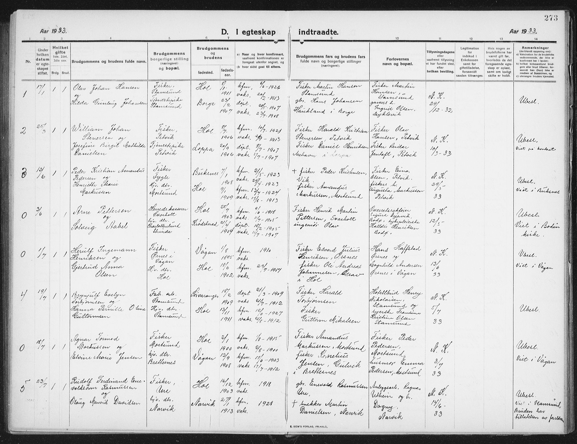 Ministerialprotokoller, klokkerbøker og fødselsregistre - Nordland, SAT/A-1459/882/L1183: Parish register (copy) no. 882C01, 1911-1938, p. 273