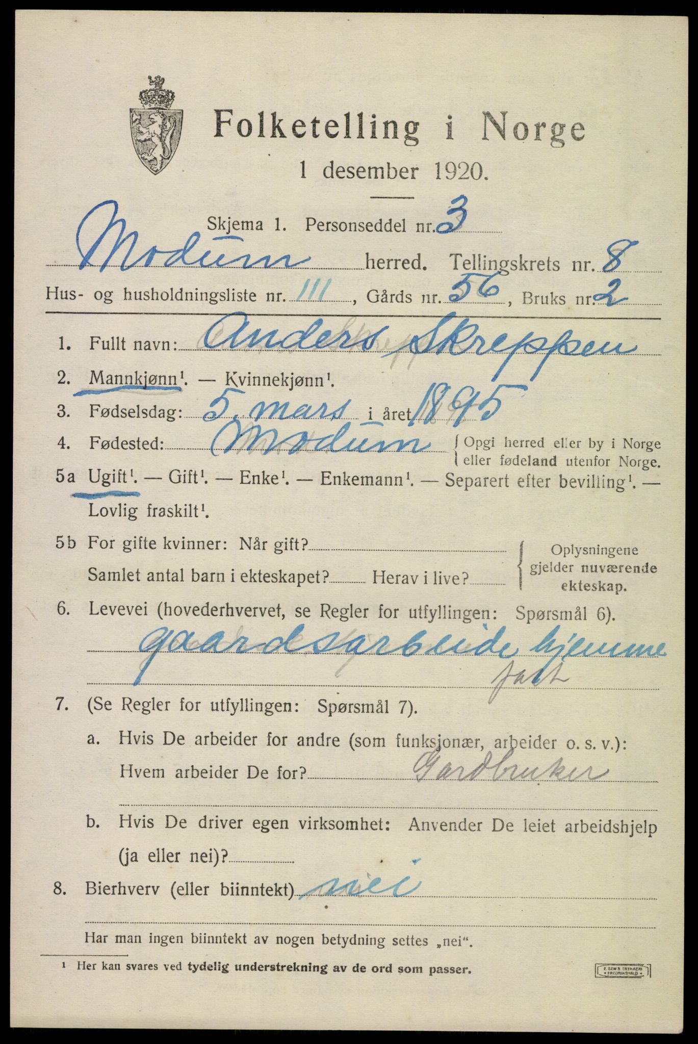 SAKO, 1920 census for Modum, 1920, p. 11731