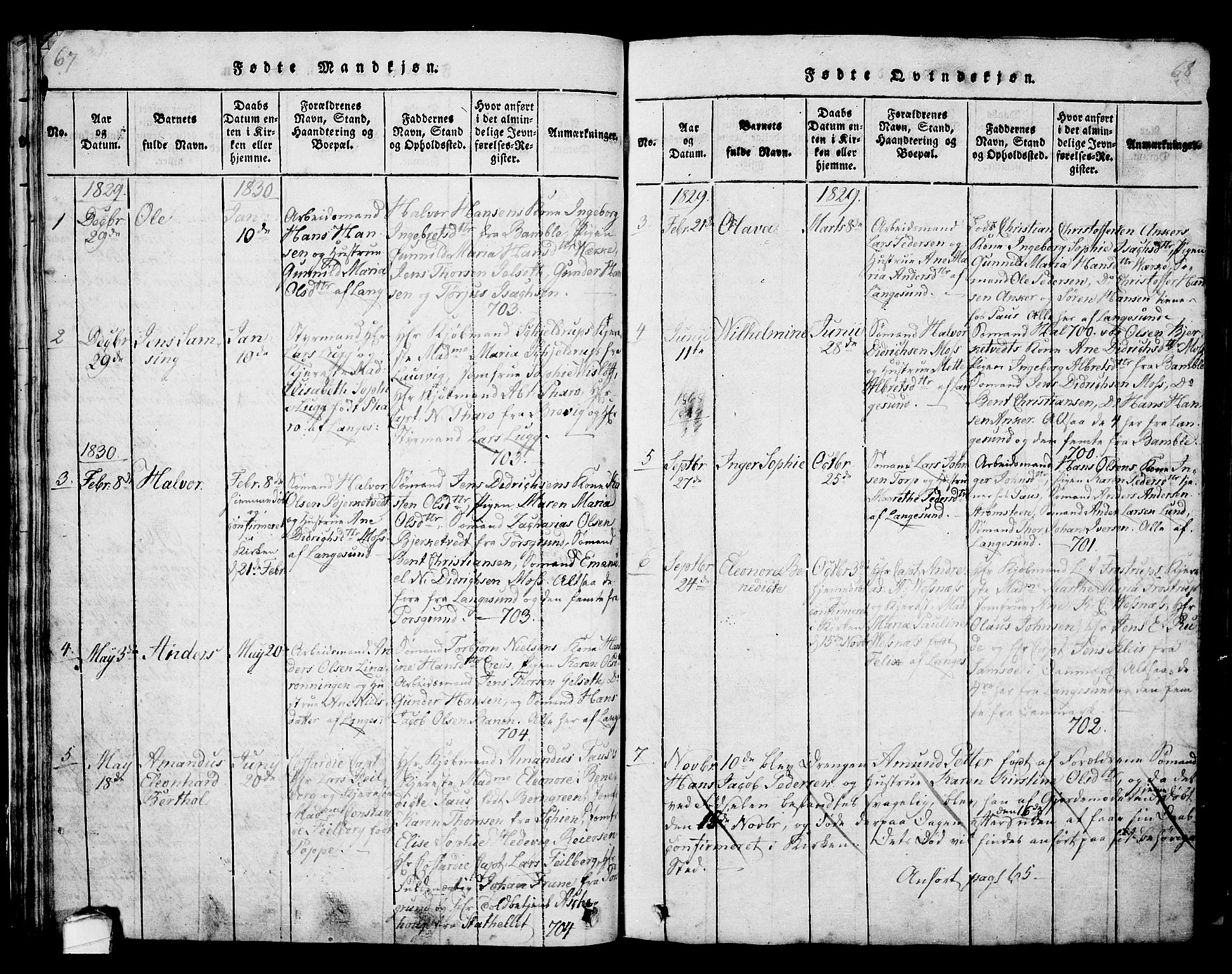 Langesund kirkebøker, SAKO/A-280/G/Ga/L0003: Parish register (copy) no. 3, 1815-1858, p. 67-68