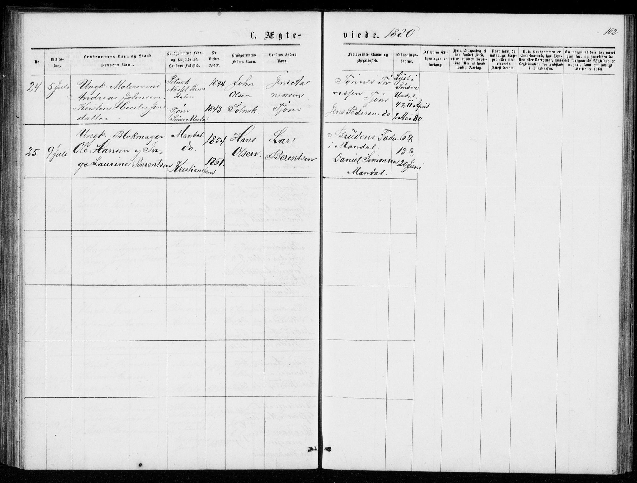 Mandal sokneprestkontor, AV/SAK-1111-0030/F/Fb/Fba/L0010: Parish register (copy) no. B 4, 1876-1880, p. 102