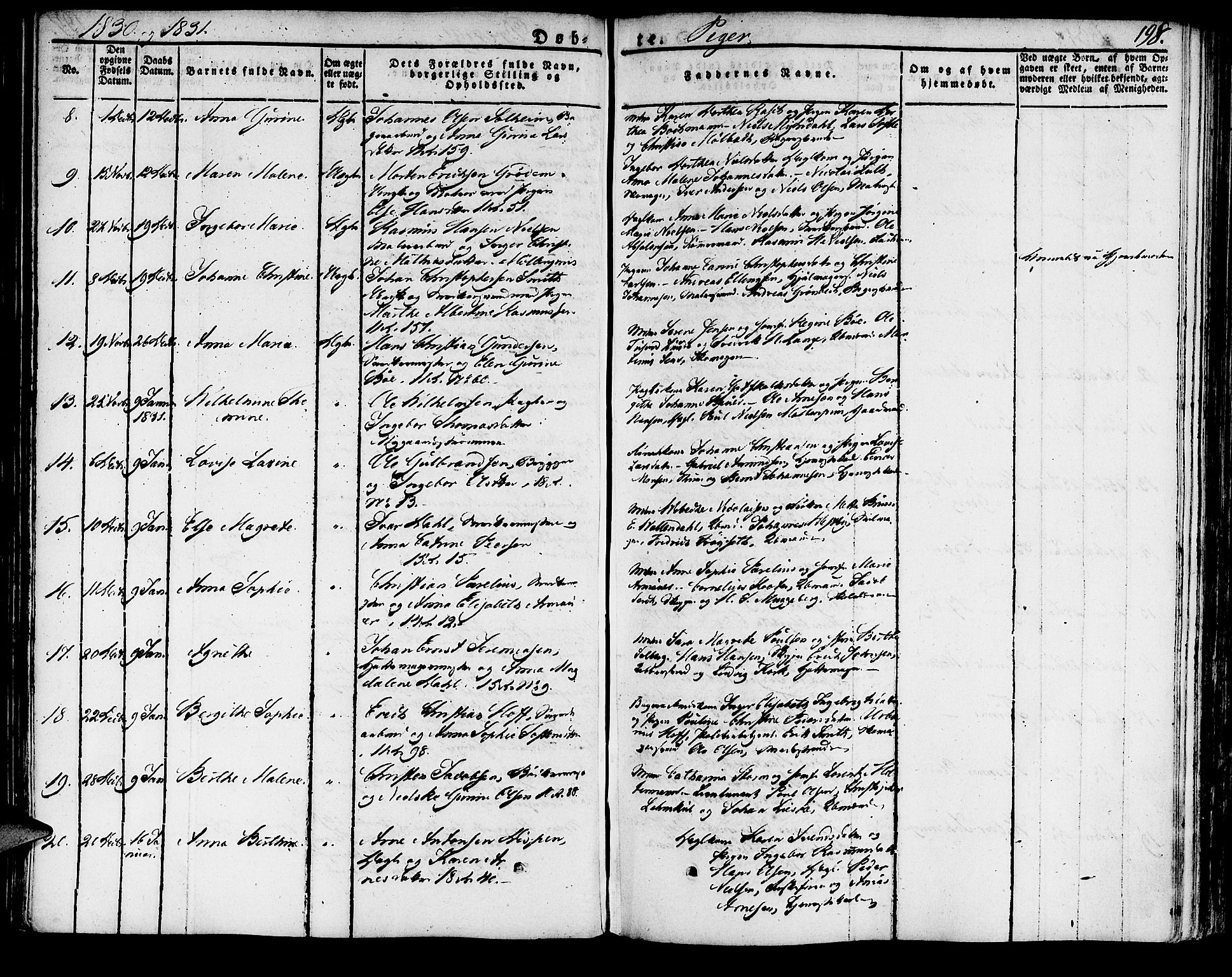 Domkirken sokneprestembete, SAB/A-74801/H/Haa/L0012: Parish register (official) no. A 12, 1821-1840, p. 198