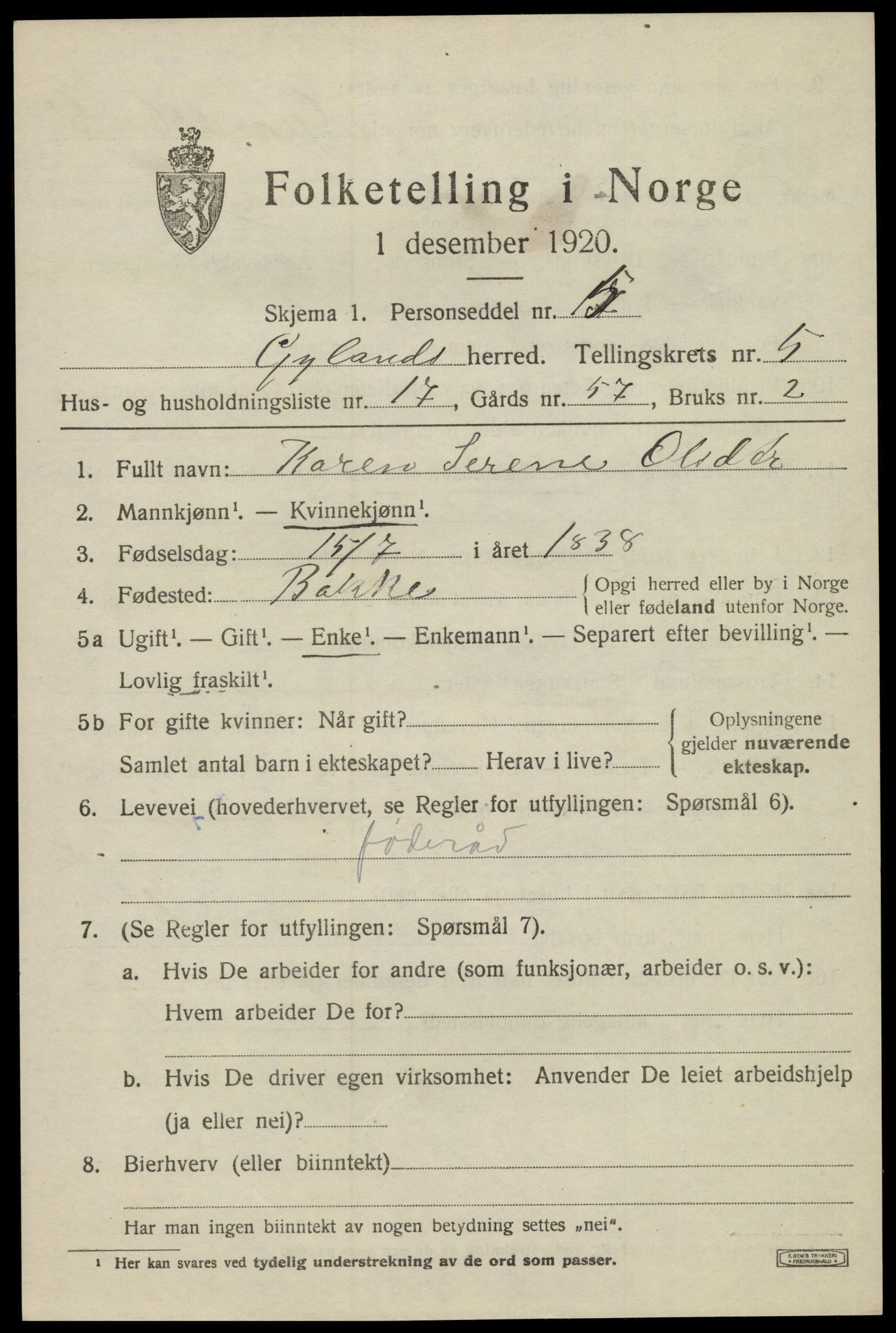 SAK, 1920 census for Gyland, 1920, p. 1318