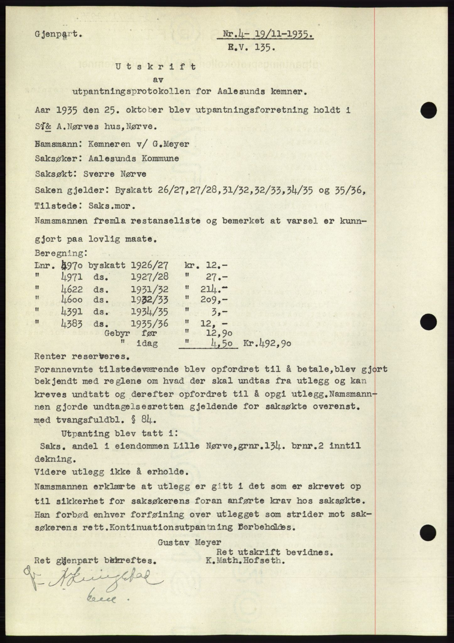 Ålesund byfogd, AV/SAT-A-4384: Mortgage book no. 32, 1934-1935, Deed date: 19.11.1935