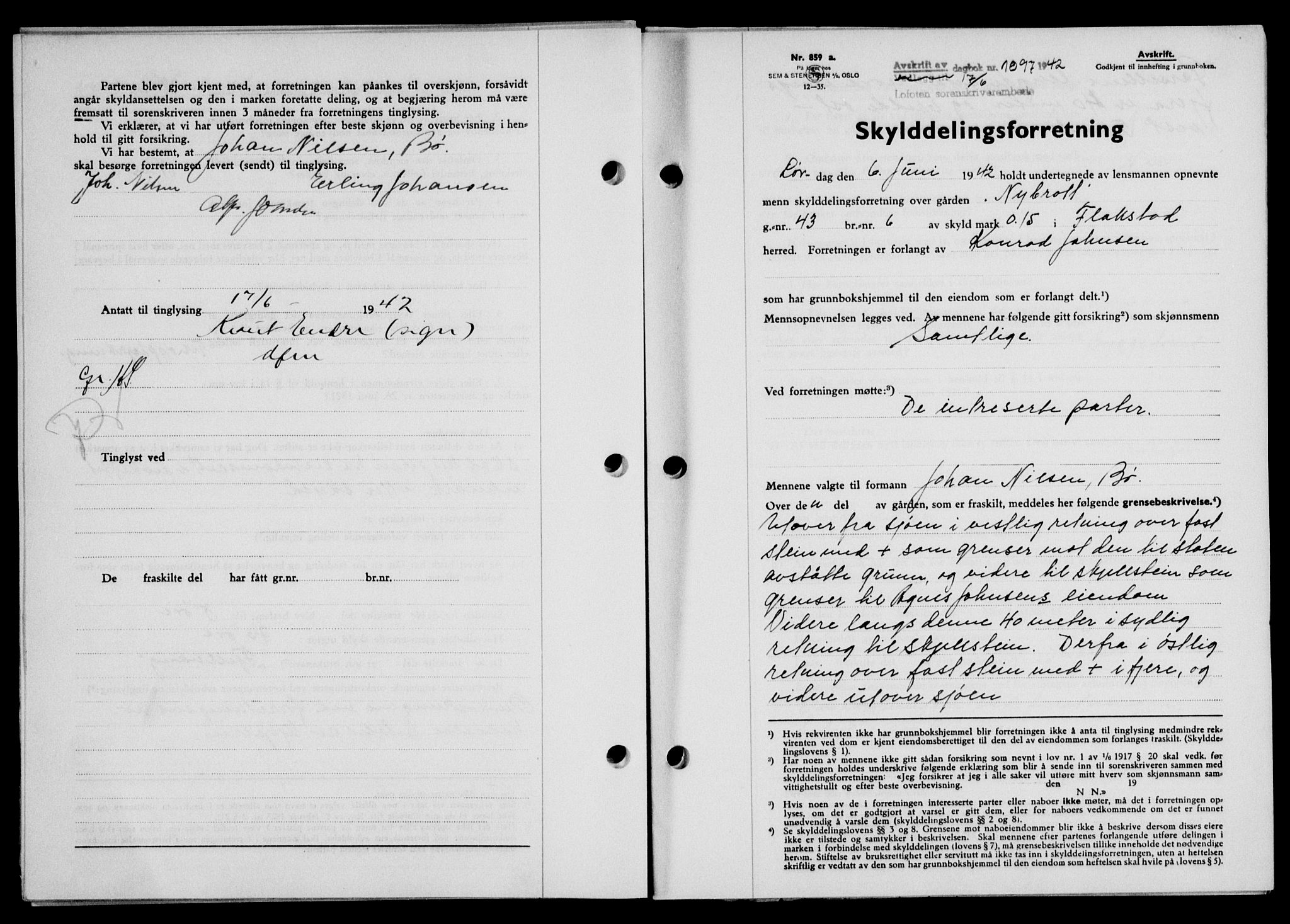 Lofoten sorenskriveri, SAT/A-0017/1/2/2C/L0010a: Mortgage book no. 10a, 1942-1943, Diary no: : 1097/1942