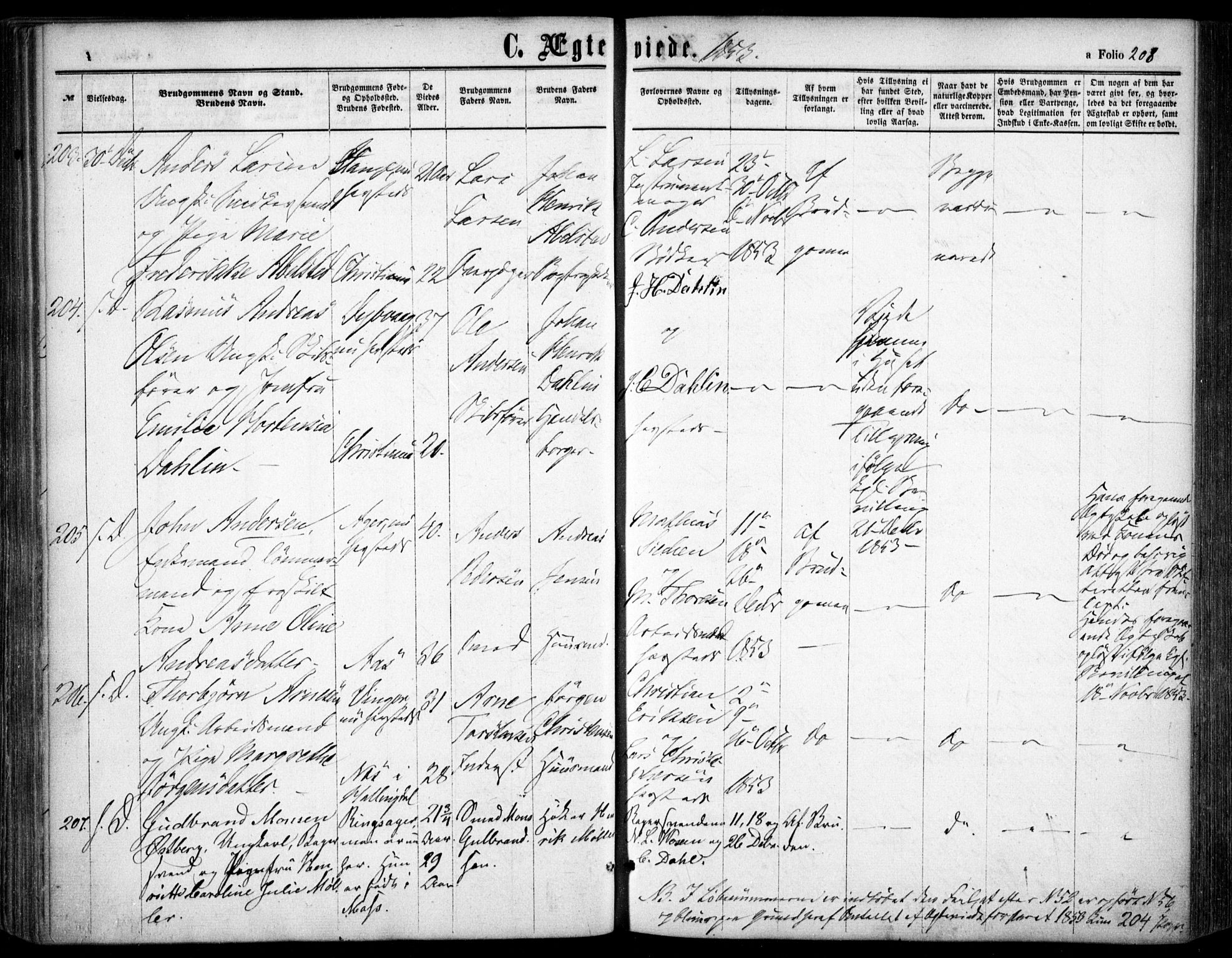 Oslo domkirke Kirkebøker, SAO/A-10752/F/Fa/L0020: Parish register (official) no. 20, 1848-1865, p. 208