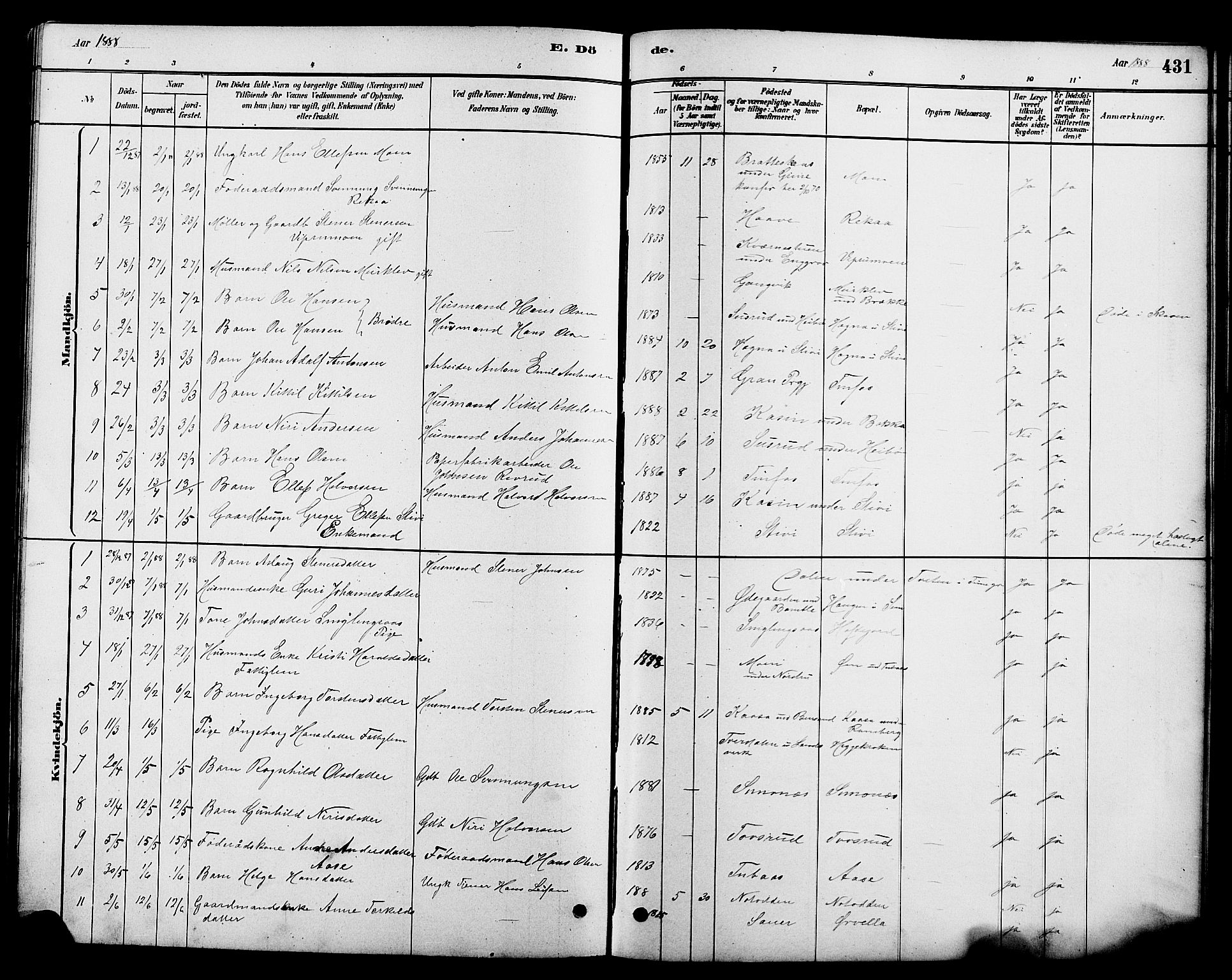 Heddal kirkebøker, SAKO/A-268/G/Ga/L0002: Parish register (copy) no. I 2, 1879-1908, p. 431