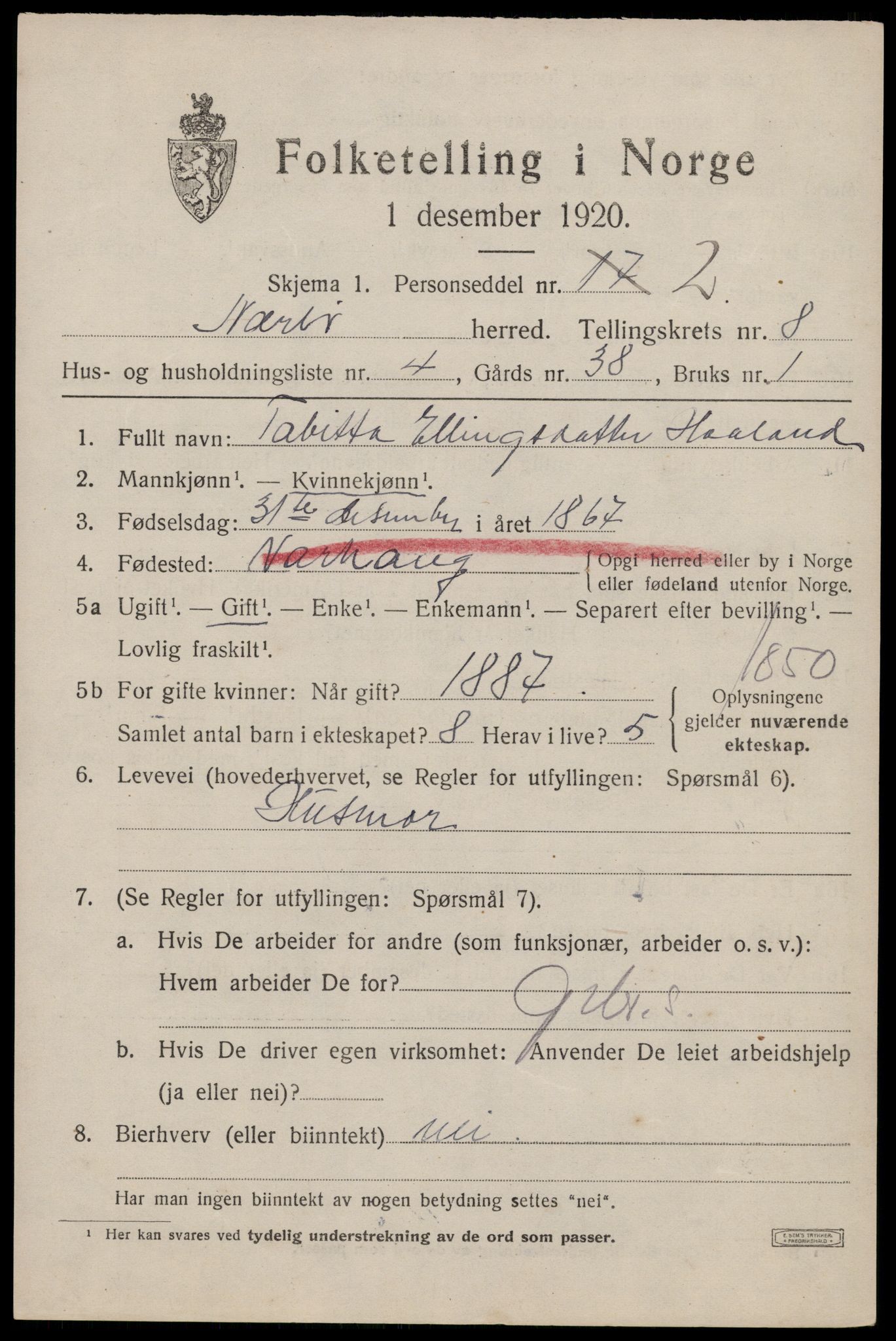 SAST, 1920 census for Nærbø, 1920, p. 5131