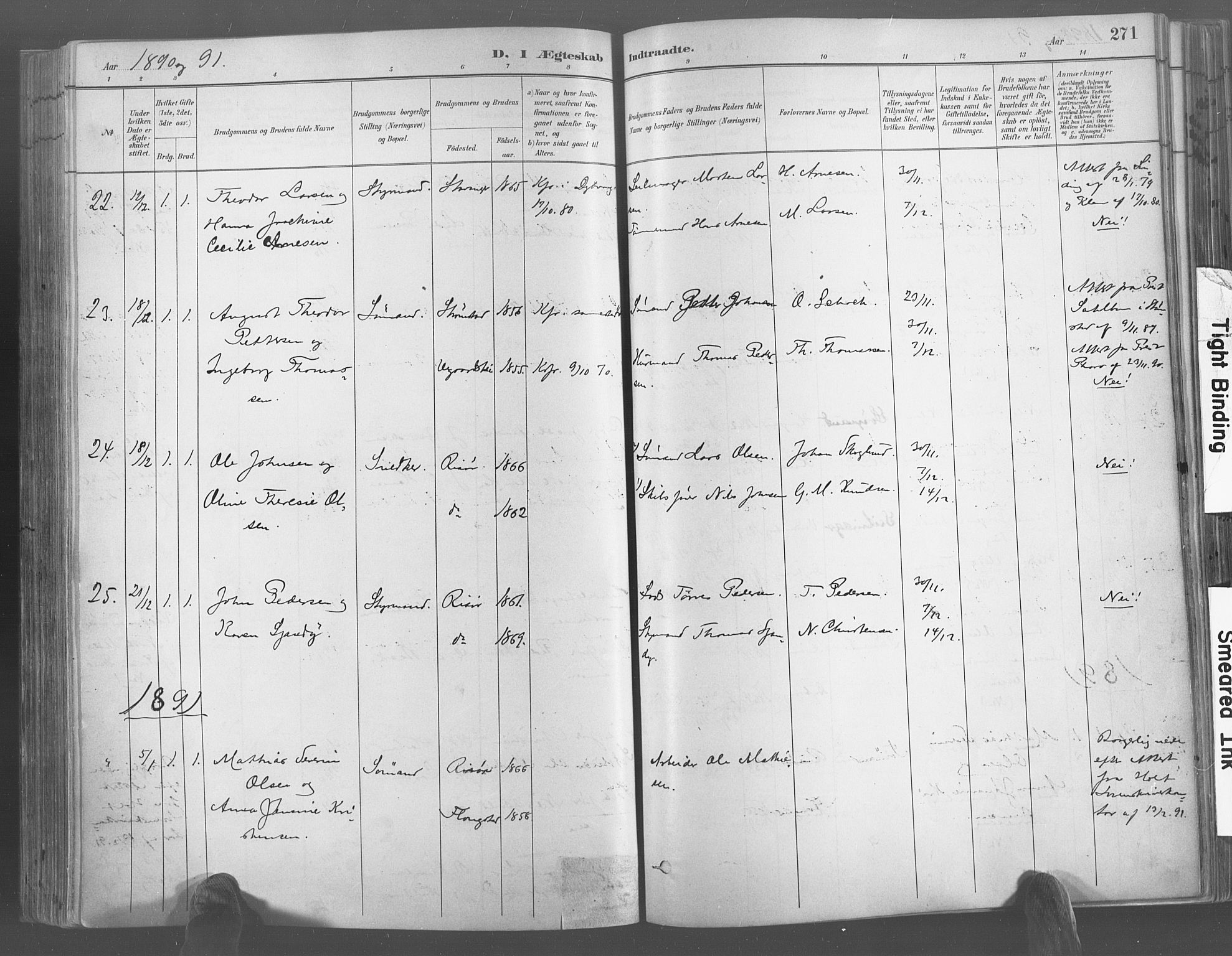 Risør sokneprestkontor, SAK/1111-0035/F/Fa/L0005: Parish register (official) no. A 5, 1883-1895, p. 271