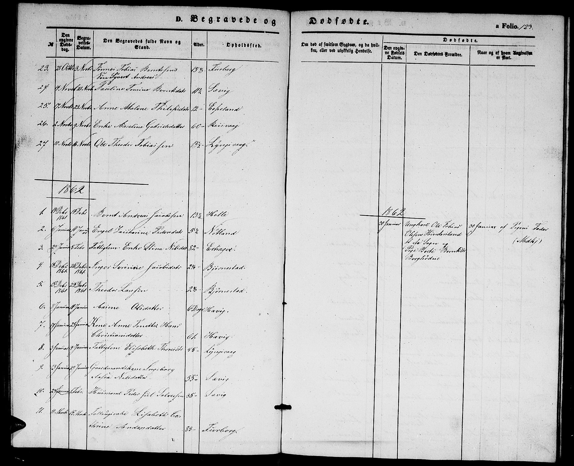 Herad sokneprestkontor, SAK/1111-0018/F/Fb/Fbb/L0002: Parish register (copy) no. B 2, 1853-1871, p. 123