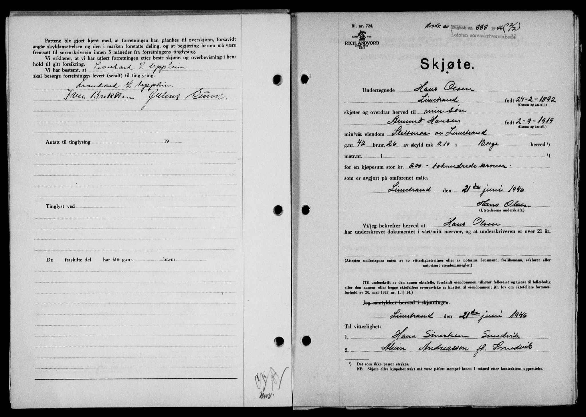 Lofoten sorenskriveri, SAT/A-0017/1/2/2C/L0014a: Mortgage book no. 14a, 1946-1946, Diary no: : 888/1946