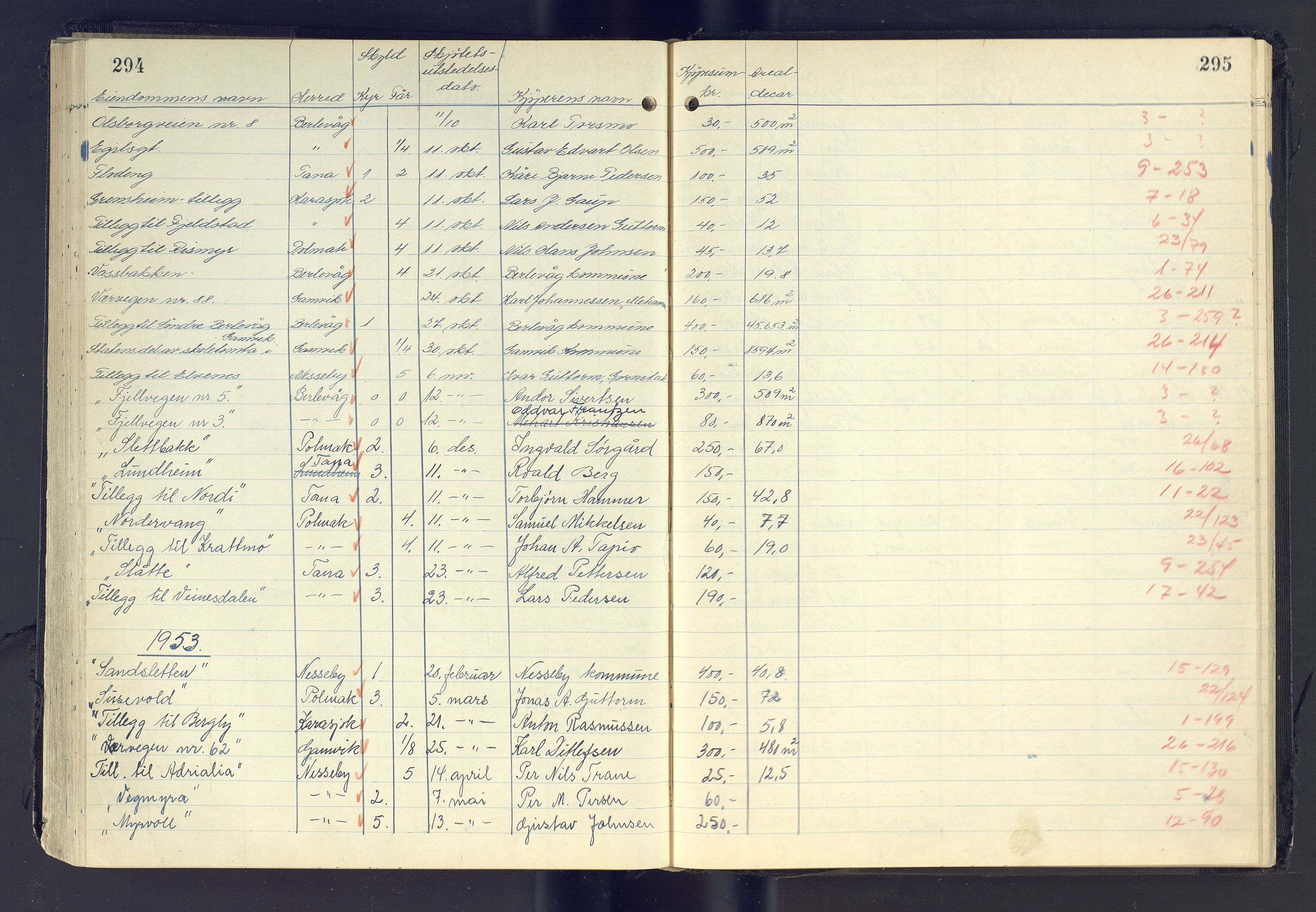 Finnmark jordsalgskommisjon/jordsalgskontor og Statskog SF Finnmark jordsalgskontor, AV/SATØ-S-1443/J/Jc/L0002: Skjøtebok, 1933-1967, p. 294-295