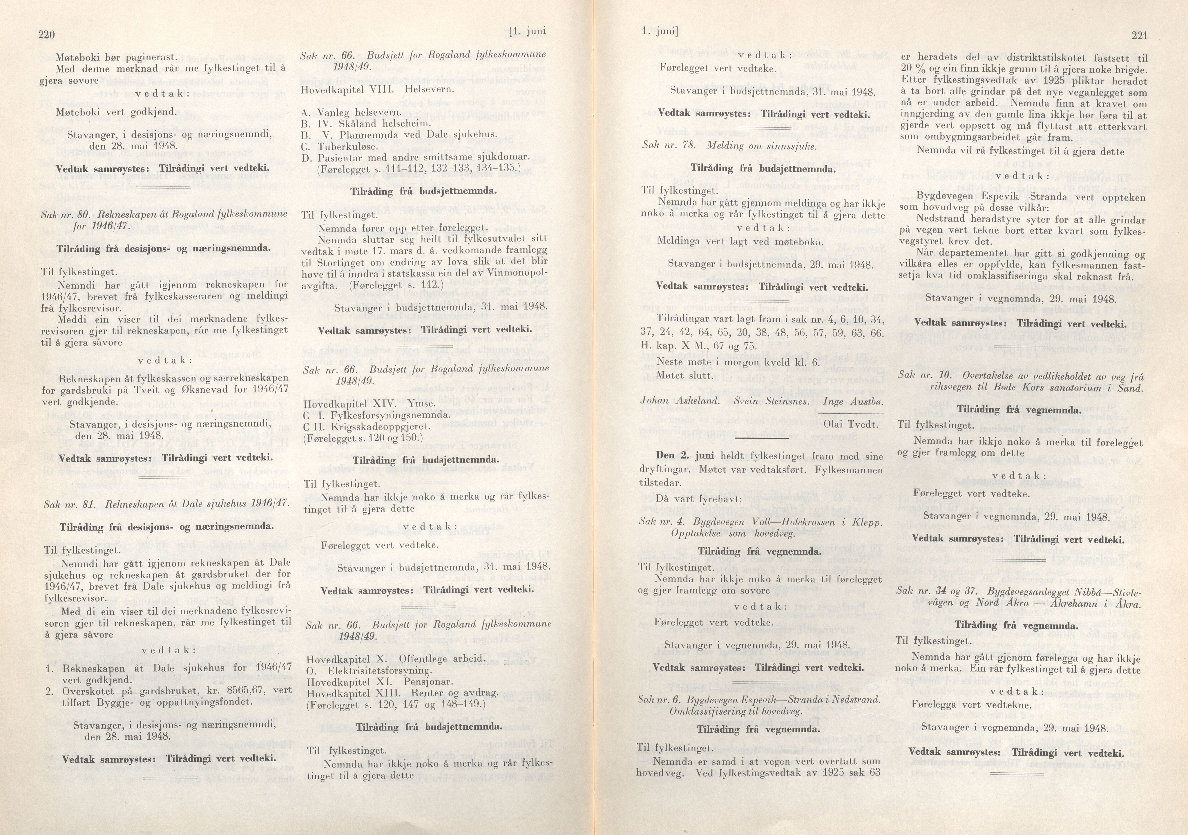 Rogaland fylkeskommune - Fylkesrådmannen , IKAR/A-900/A/Aa/Aaa/L0067: Møtebok , 1948, p. 220-221