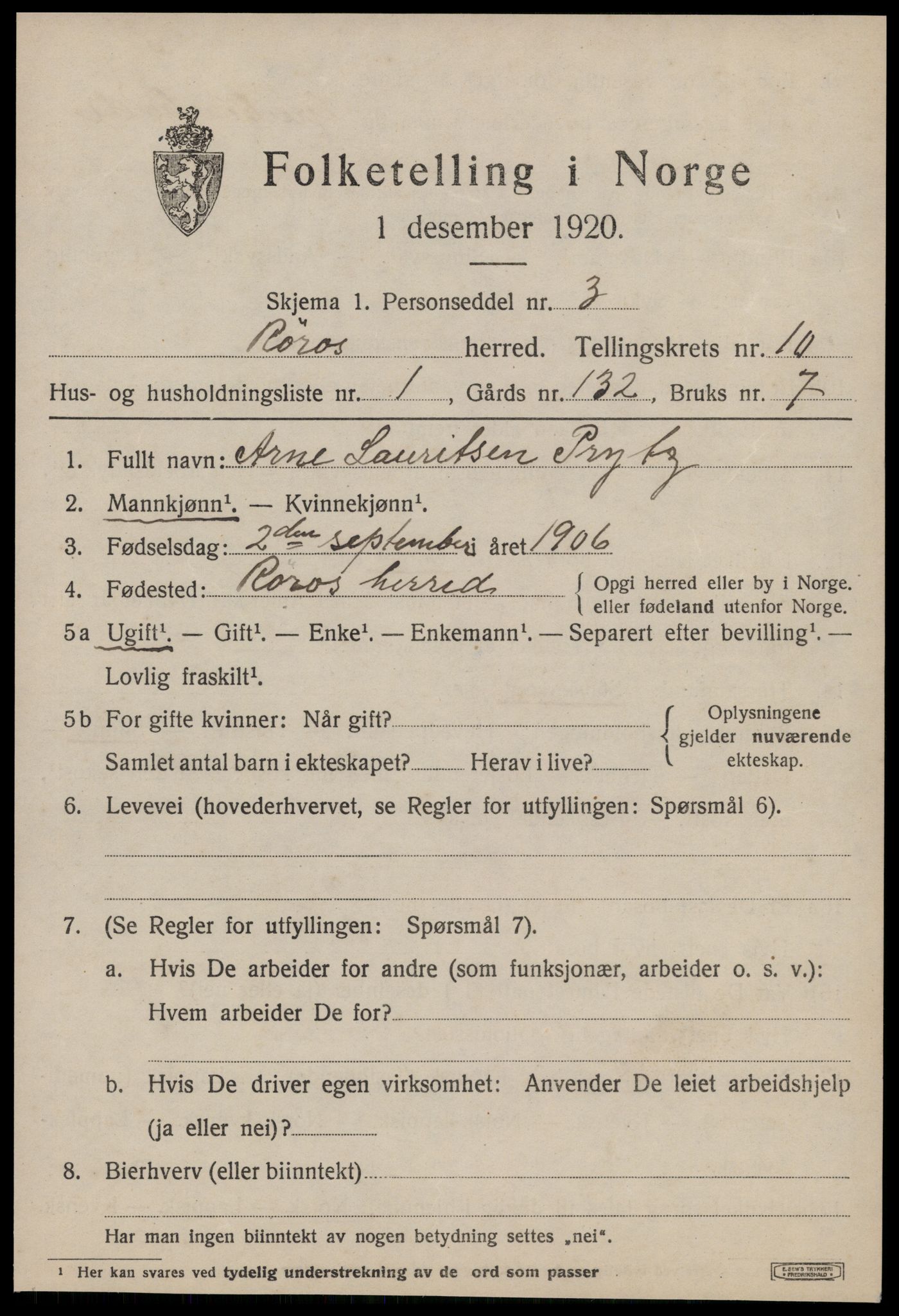 SAT, 1920 census for Røros, 1920, p. 8166