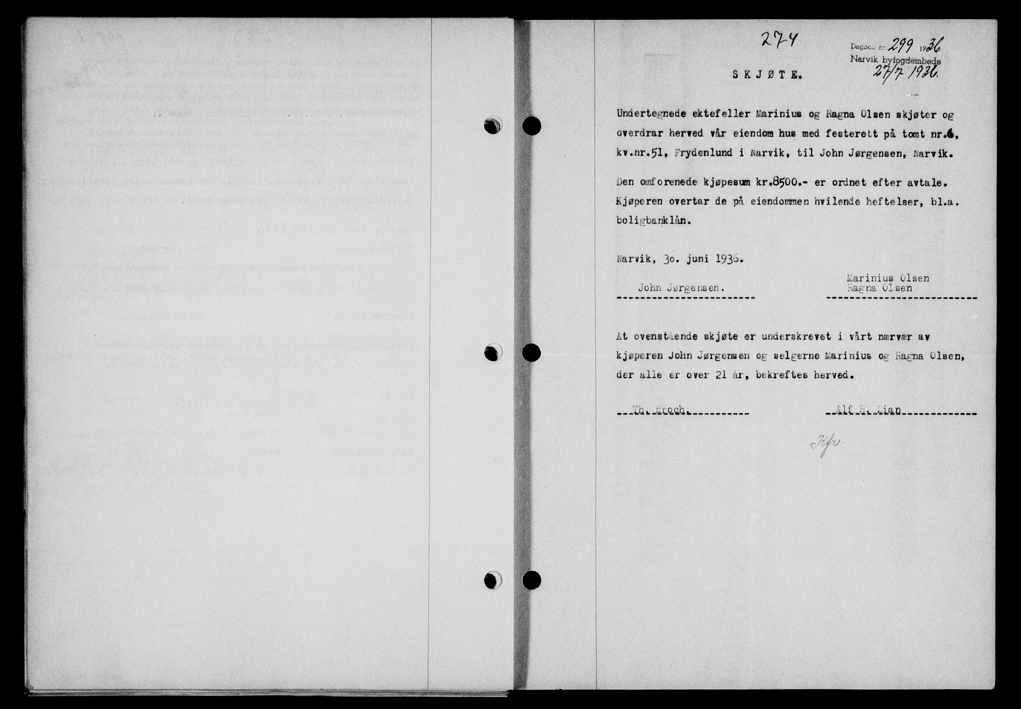 Narvik sorenskriveri, AV/SAT-A-0002/1/2/2C/2Ca/L0011: Mortgage book no. 14, 1935-1937, Deed date: 27.07.1936