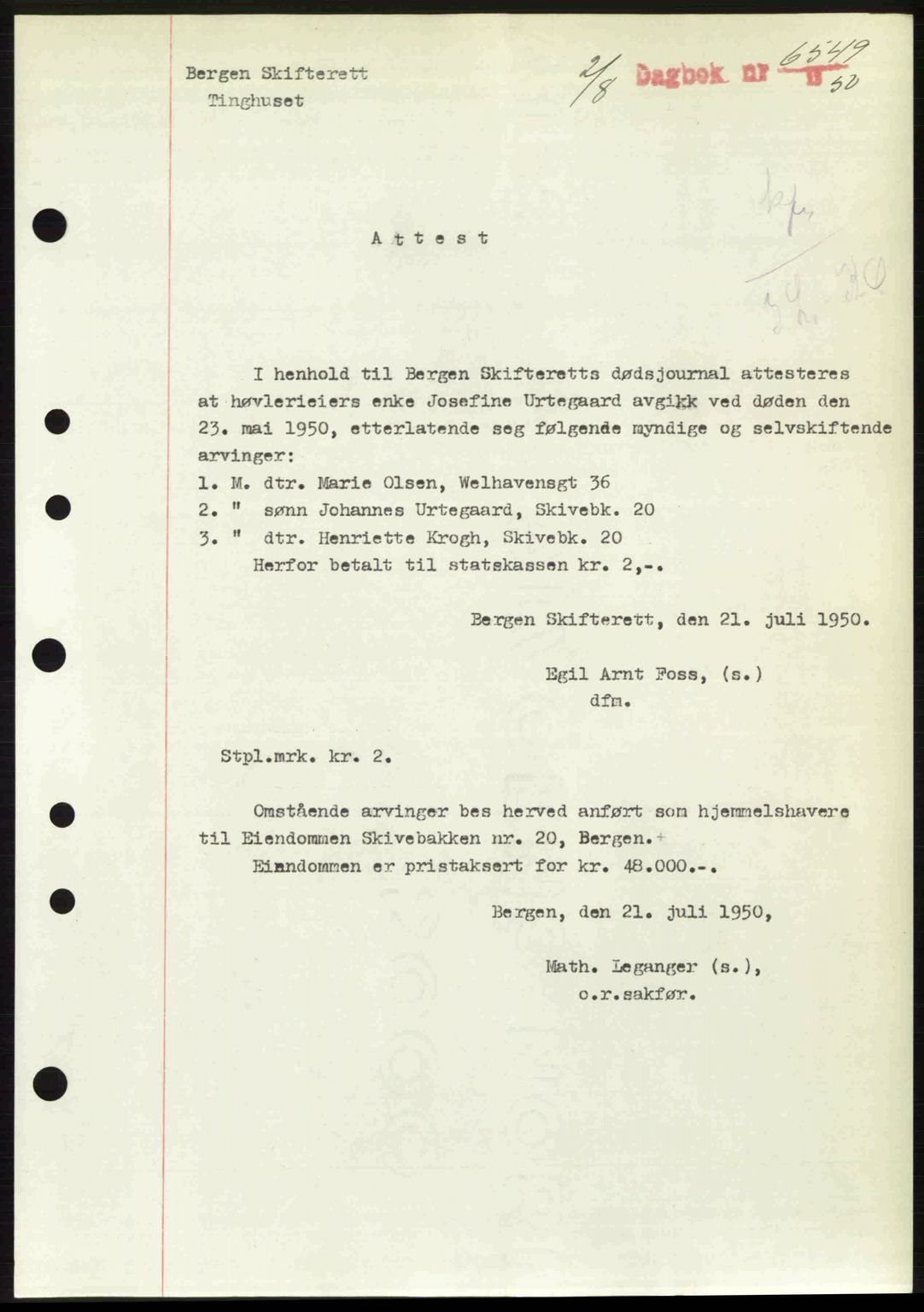 Byfogd og Byskriver i Bergen, AV/SAB-A-3401/03/03Bc/L0033: Mortgage book no. A26-27, 1950-1950, Diary no: : 6549/1950