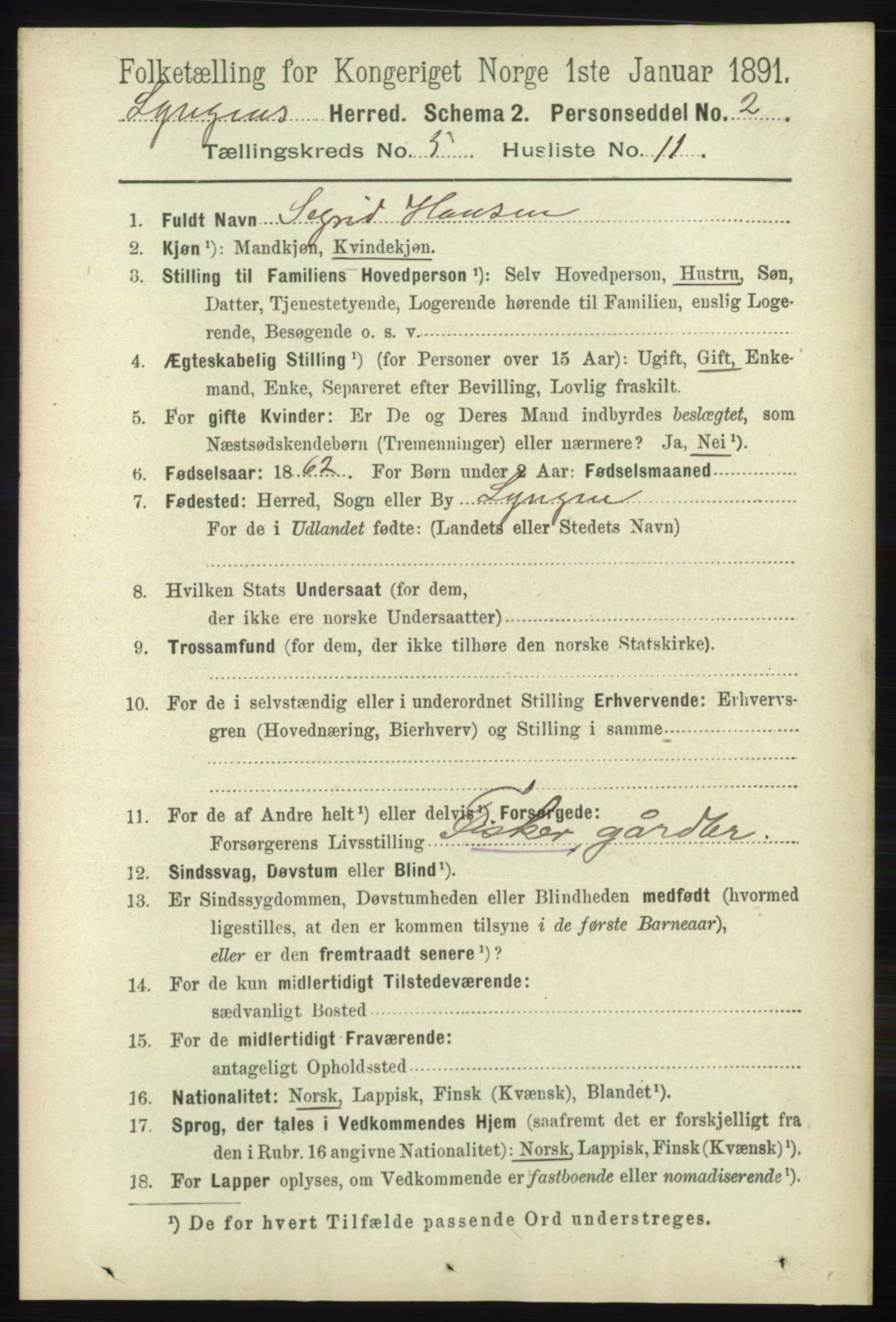 RA, 1891 census for 1938 Lyngen, 1891, p. 4491