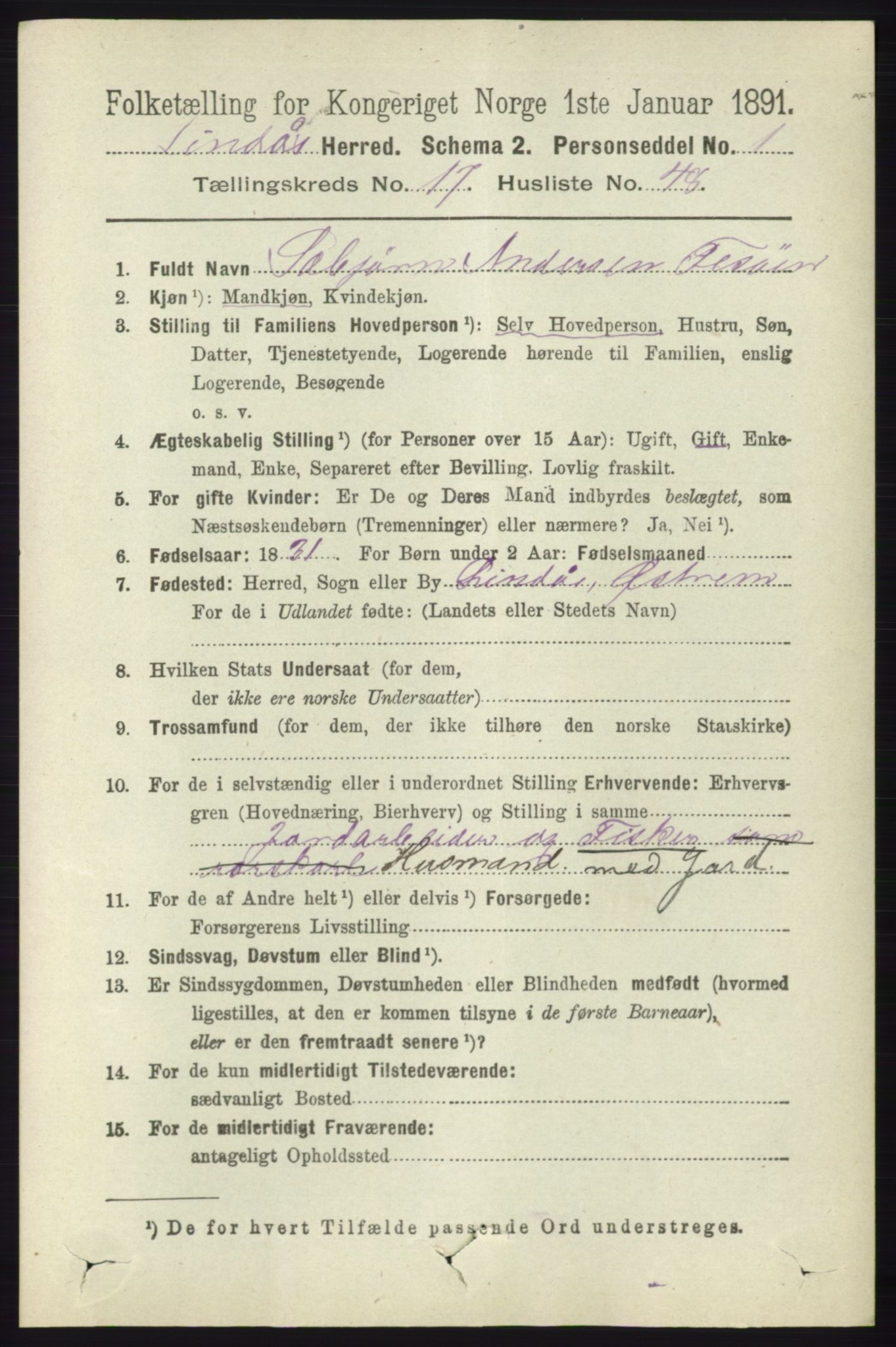 RA, 1891 census for 1263 Lindås, 1891, p. 6458