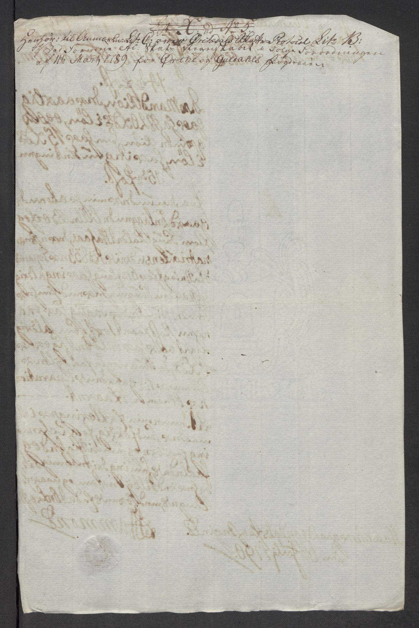 Rentekammeret inntil 1814, Reviderte regnskaper, Mindre regnskaper, AV/RA-EA-4068/Rf/Rfe/L0032: Numedal og Sandsvær fogderi, Orkdal og Gauldal fogderi, 1789, p. 181