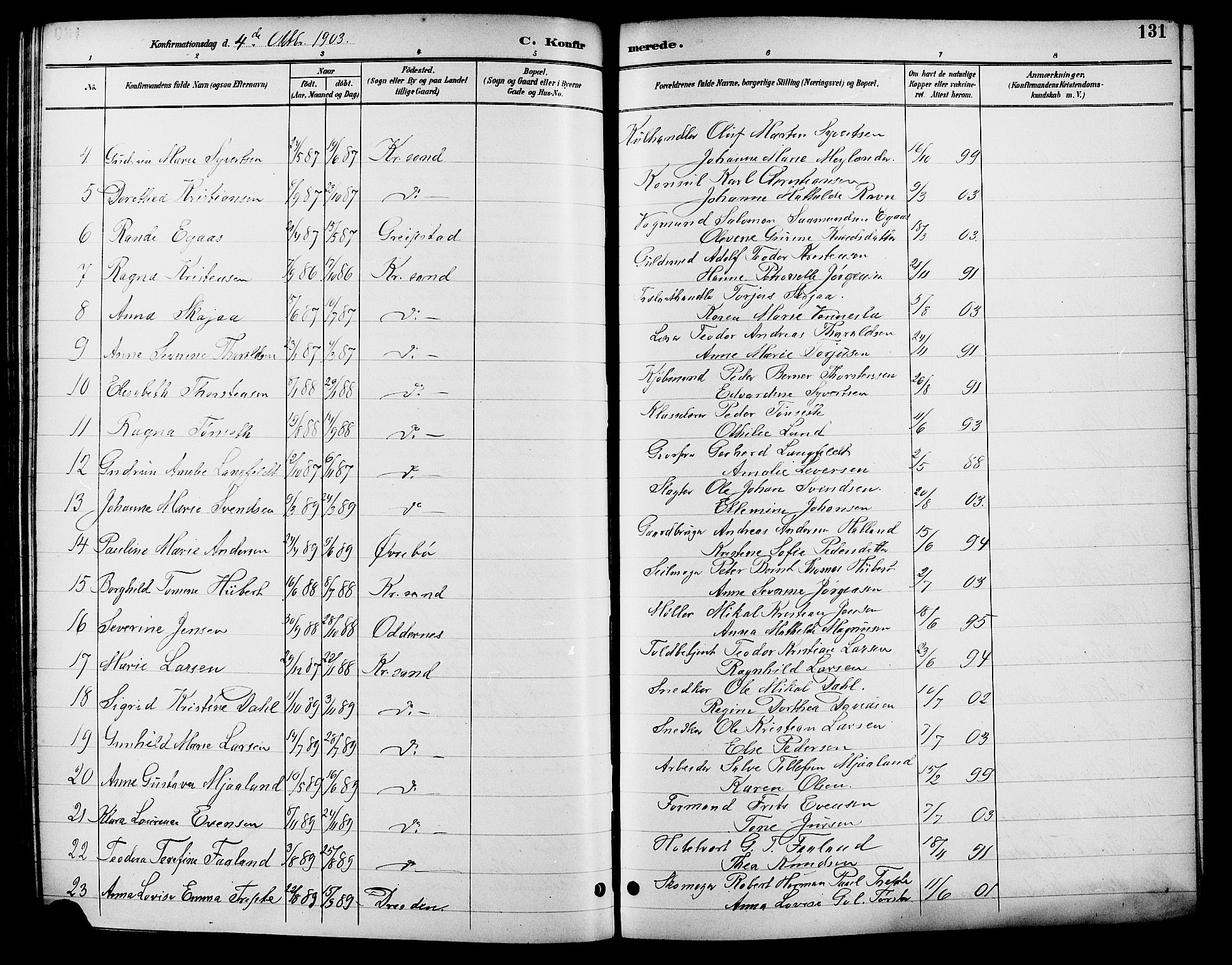 Kristiansand domprosti, SAK/1112-0006/F/Fb/L0017: Parish register (copy) no. B 17, 1893-1906, p. 131