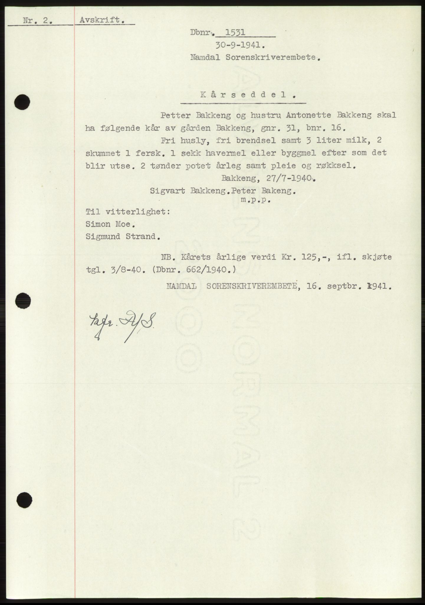 Namdal sorenskriveri, SAT/A-4133/1/2/2C: Mortgage book no. -, 1941-1942, Diary no: : 1531/1941