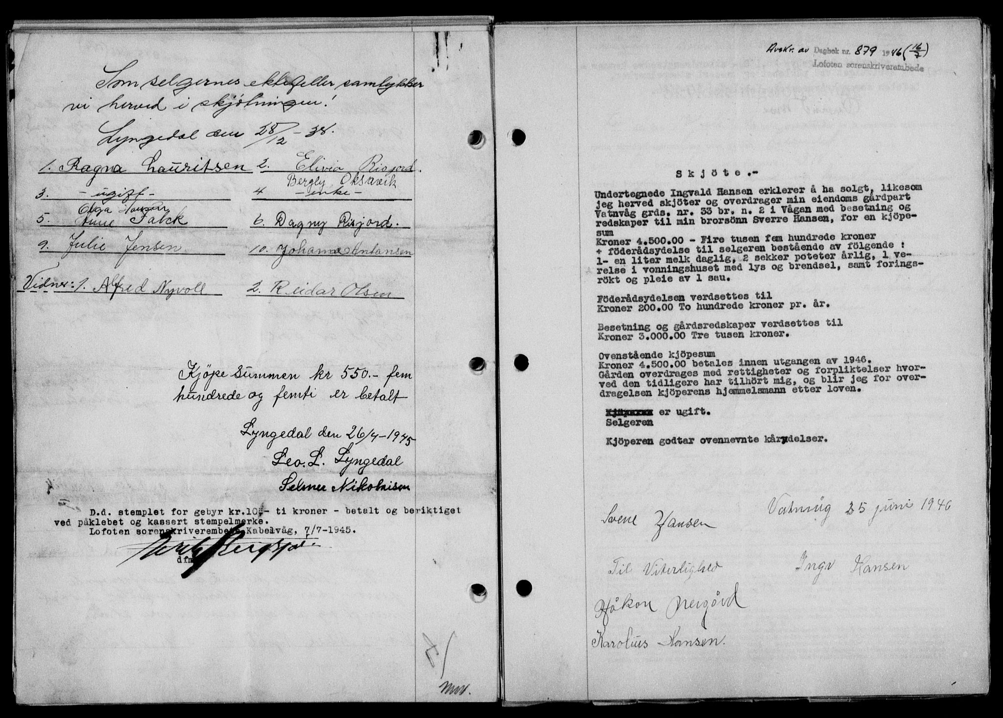 Lofoten sorenskriveri, SAT/A-0017/1/2/2C/L0014a: Mortgage book no. 14a, 1946-1946, Diary no: : 879/1946