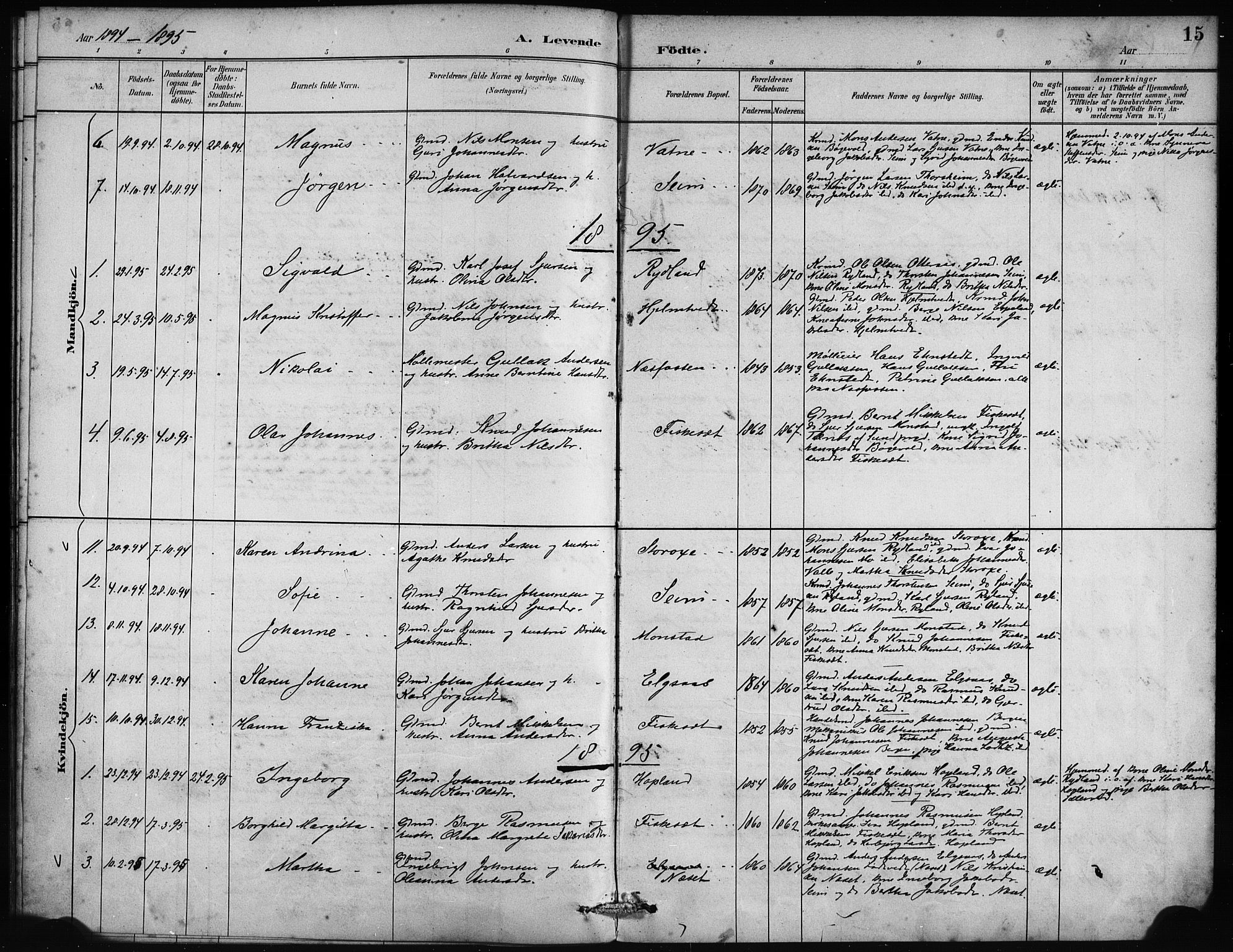 Alversund Sokneprestembete, SAB/A-73901/H/Ha/Haa/Haad/L0002: Parish register (official) no. D 2, 1890-1897, p. 15